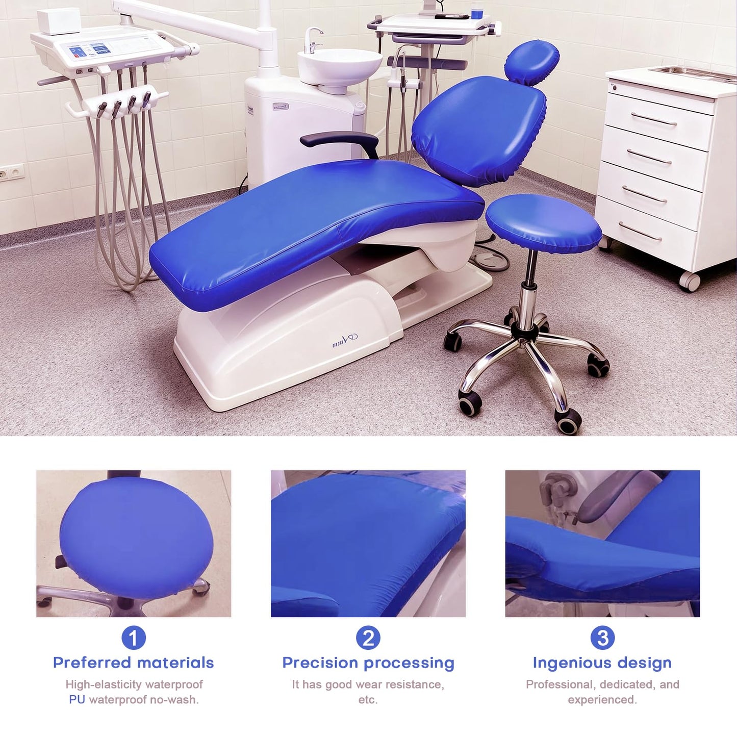 buyzg 5Pcs Dental Chair Covers Set - Waterproof & Non-Slip PU Leather Elastic Full Covers with Foot, Seat, Headrest & Backrest Protectors for Dental Clinic Chairs(Deep Blue)