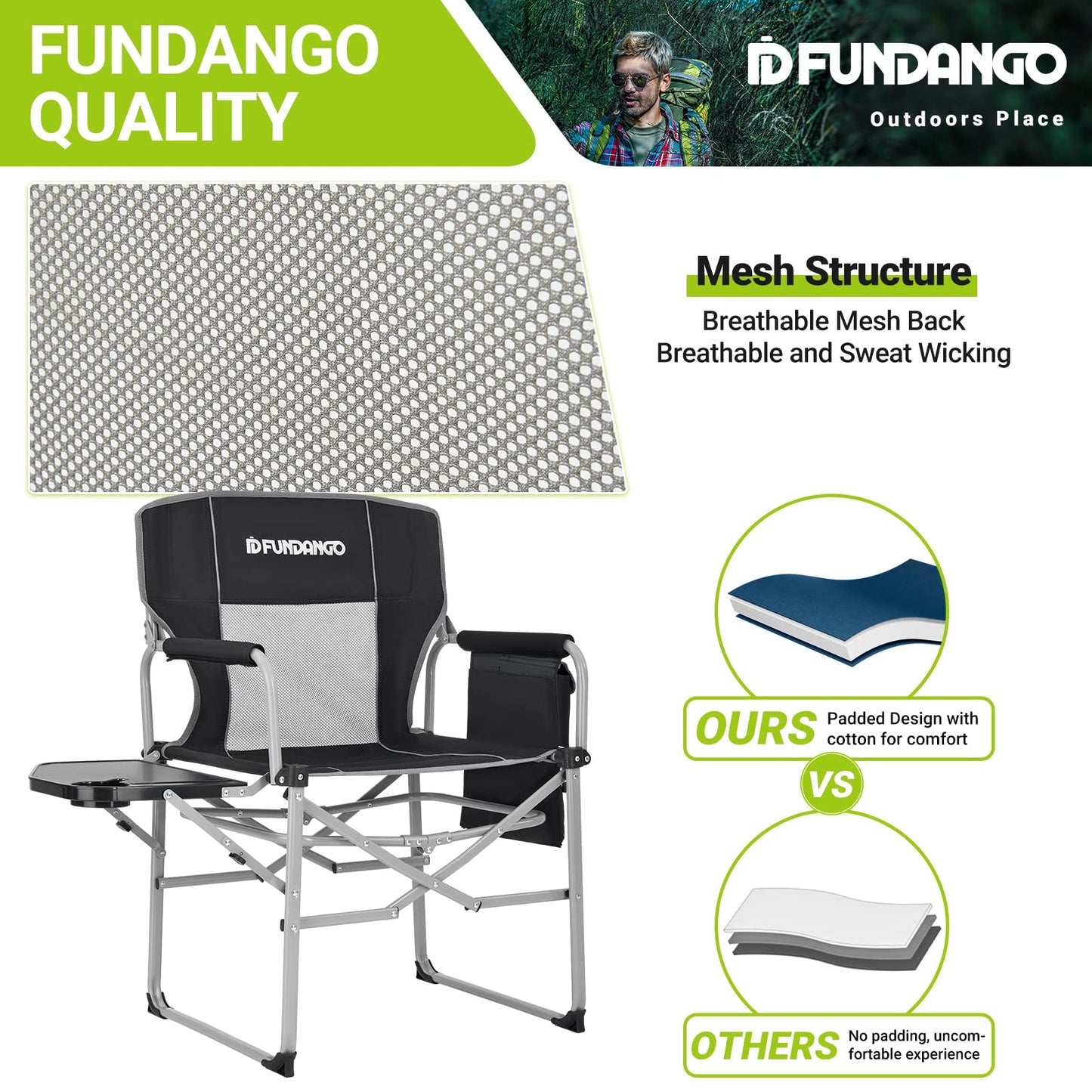 FUNDANGO Camping Chair with Side Table (2 Pack), Folding Lawn Director Chair with Side Bags, Portable Chair for Beach Fishing Picnic Lawn Outdoor