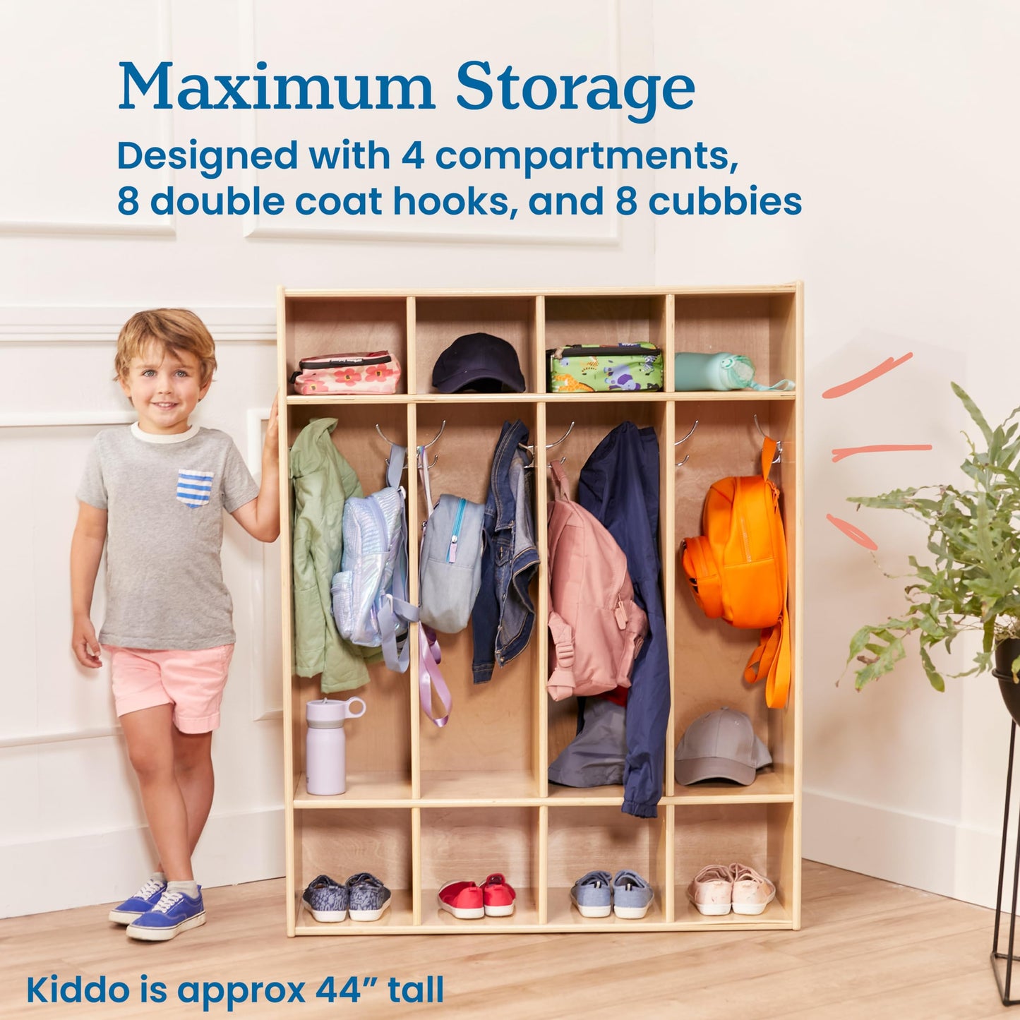 ECR4Kids Streamline 4-Section Coat Locker with Cubby Storage, Classroom Furniture, Natural