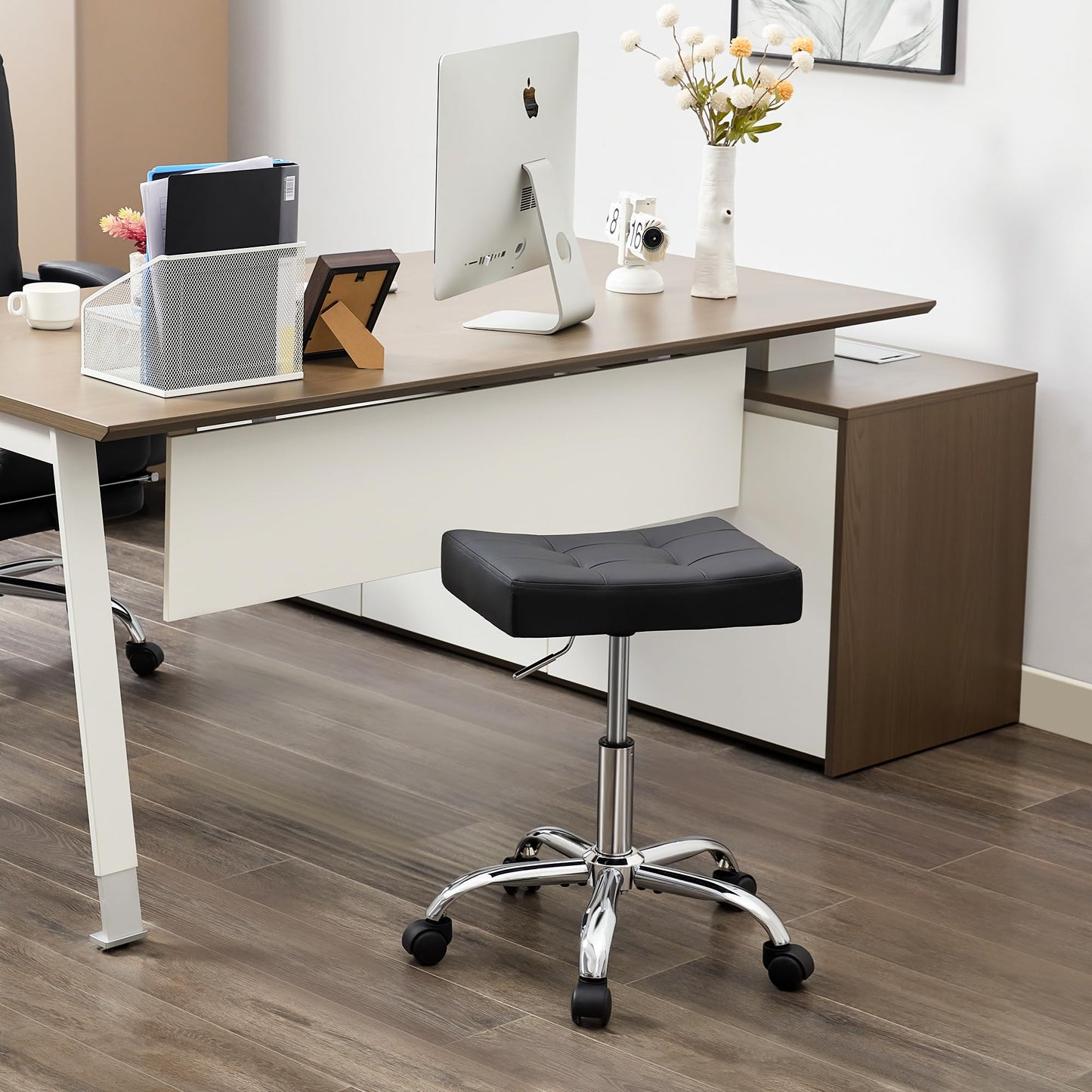 FIRAVOE Office Stool with Wheels (300lbs Capacity) (Adjustable Height 17-21 inch) Black Faux Leather Workbench Stool (Black)