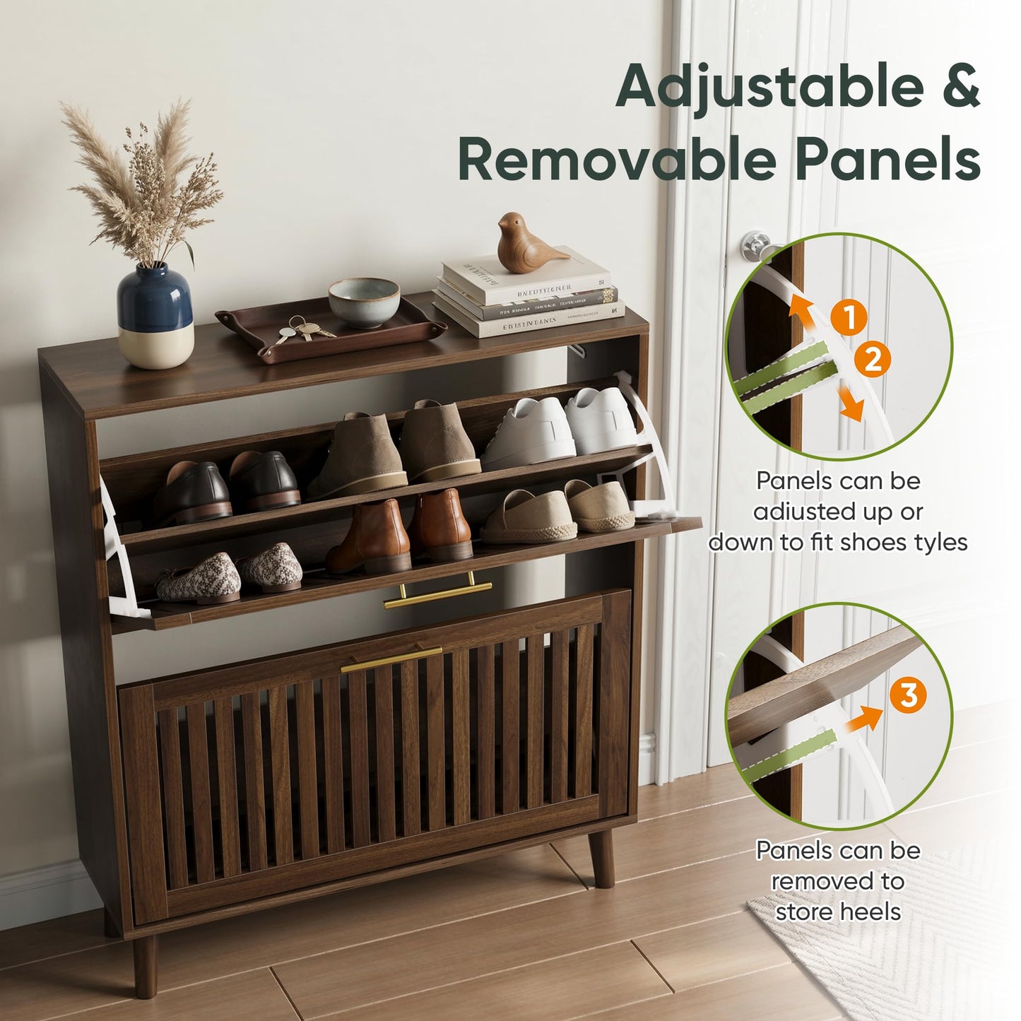 Smart FENDEE 31.5" W Shoe Cabinet Storage for Entryway with 2 Flip Drawers, Shoe Cabinet with Slatted Panel, Hidden Shoe Rack Freestanding Slim Shoes Organizer for Hallway, Entrance, Walnut