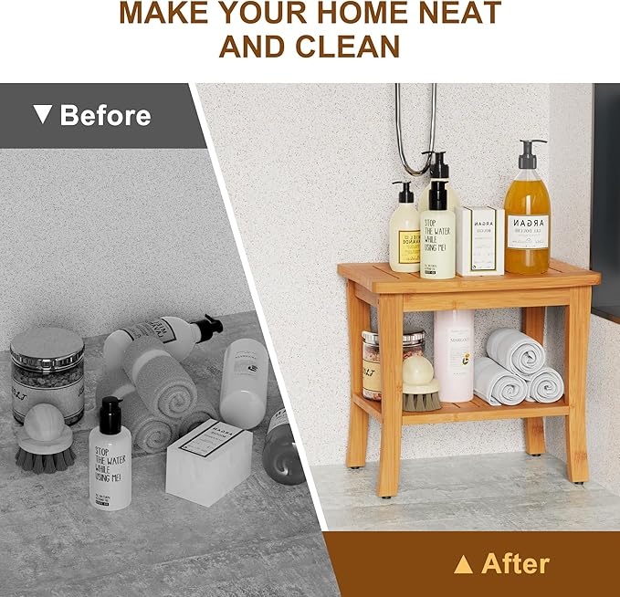 Bamboo Shower Bench Stool with Storage Shelf Waterproof Shower Chair Spa Bath