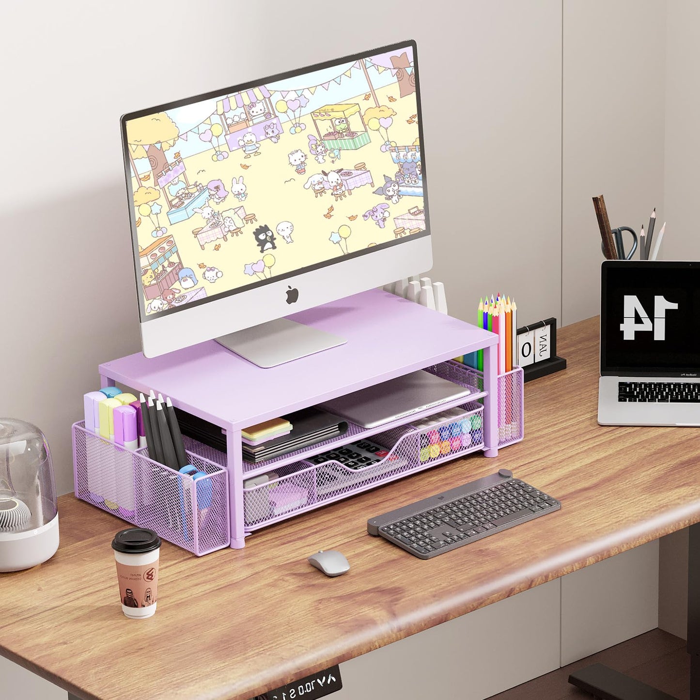 OPNICE Desk Organizers and Accessories, 2-Tier Computer Monitor Stand Riser with Drawer and 2 Pen Holders, Laptop Stand, Office Desk Accessories & Office Decor for Women, Purple