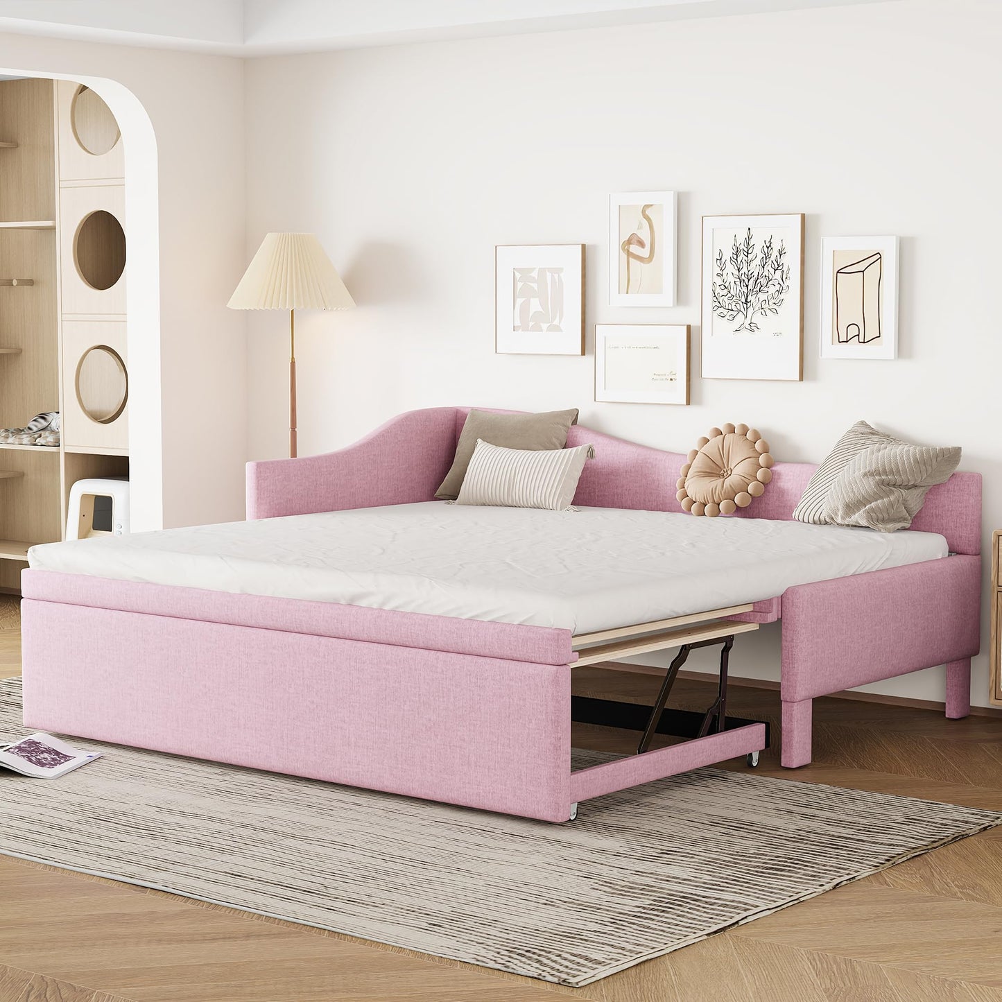 KOYVRY Day Bed with Pop Up Trundle Bed Twin - Upholstered Daybed with L-Shaped Guardrail, Wooden Slats and Wheels, Daybed Couch for Guest Room, No Box Spring Required (Pink)