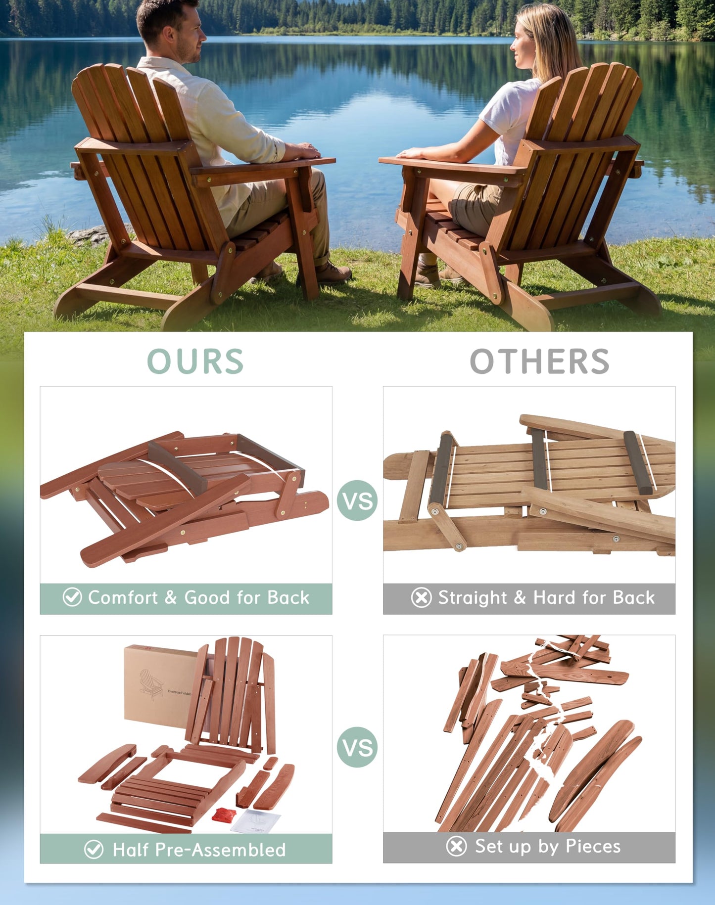 Wood-Natrl Oversized Wooden Folding Adirondack Chair with Pre-Assembled Backrest and Seat Board, Lounge Chair for Outdoor Patio Garden Lawn Backyard Firepit Deck Pool Beach