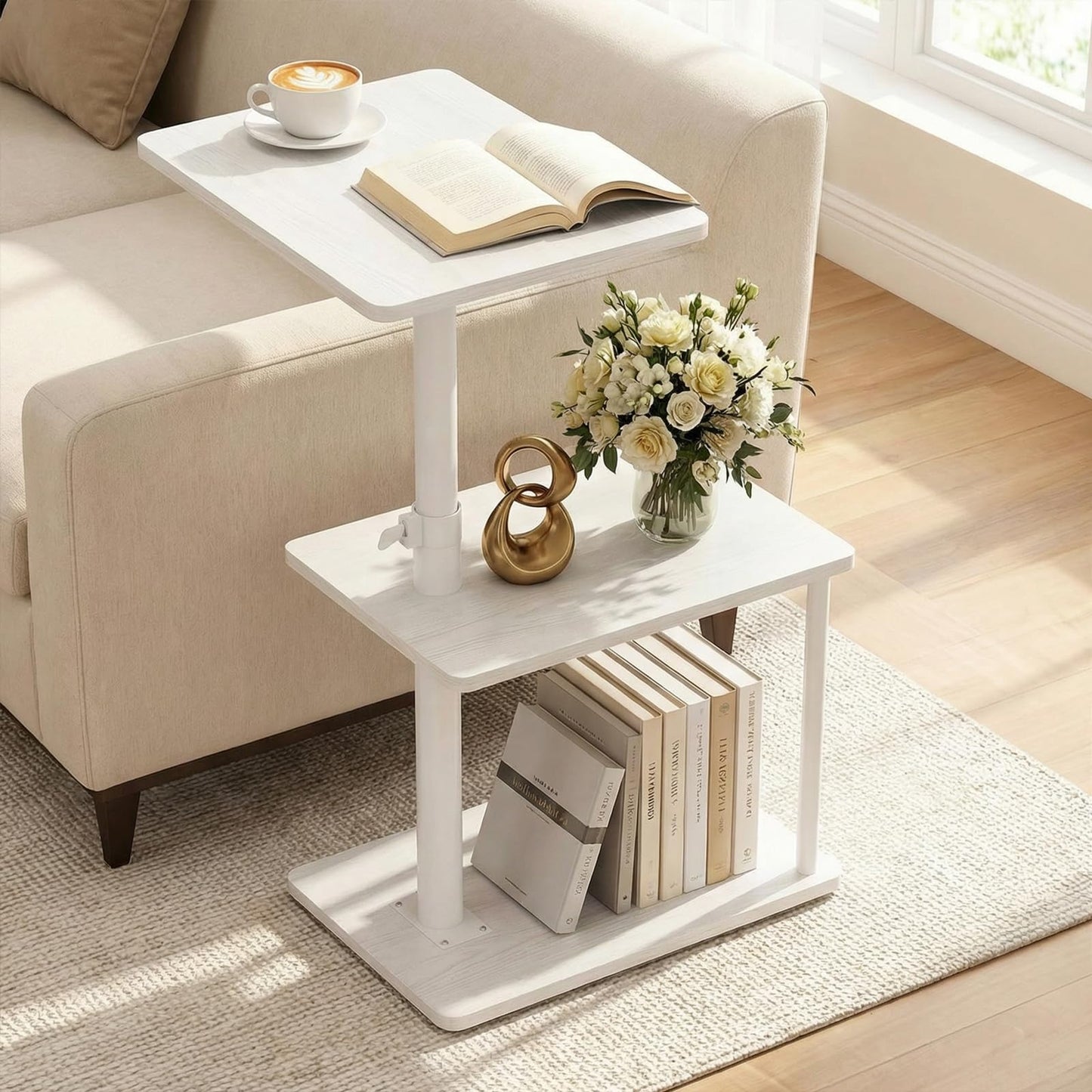 Faesun 360° Swivel Side Table for Height Adjustable, C Shaped End Table for Couch with Storage, 3-Tier Night Stand with Open Shelf, Tv Tray for Small Spaces, Living Room, Bedroom, White