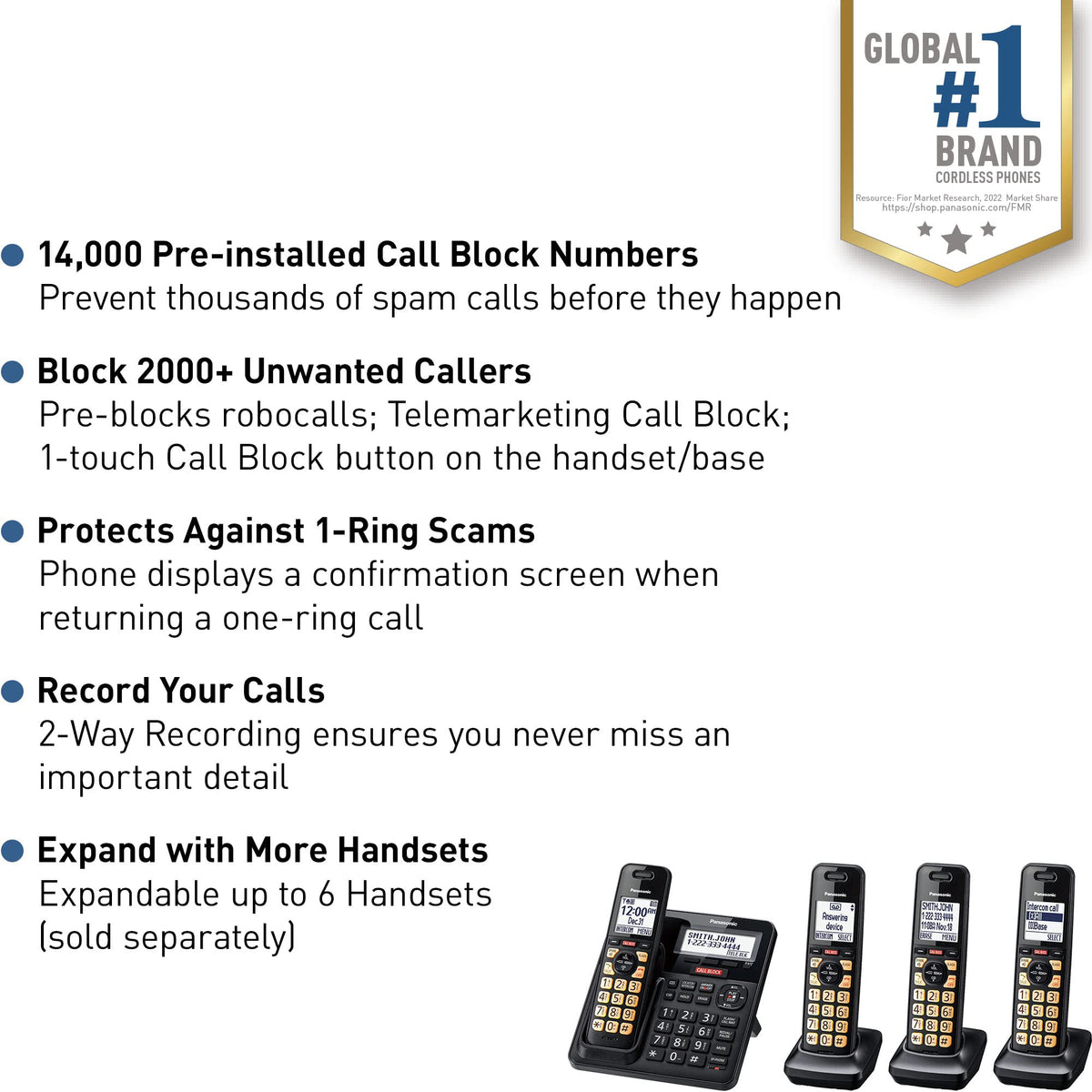 Panasonic Cordless Phone with Advanced Call Block, Link2Cell Bluetooth, One-Ring Scam Alert, and 2-Way Recording, Answering Machine, 4 Handsets - KX-TGF944B (Black)