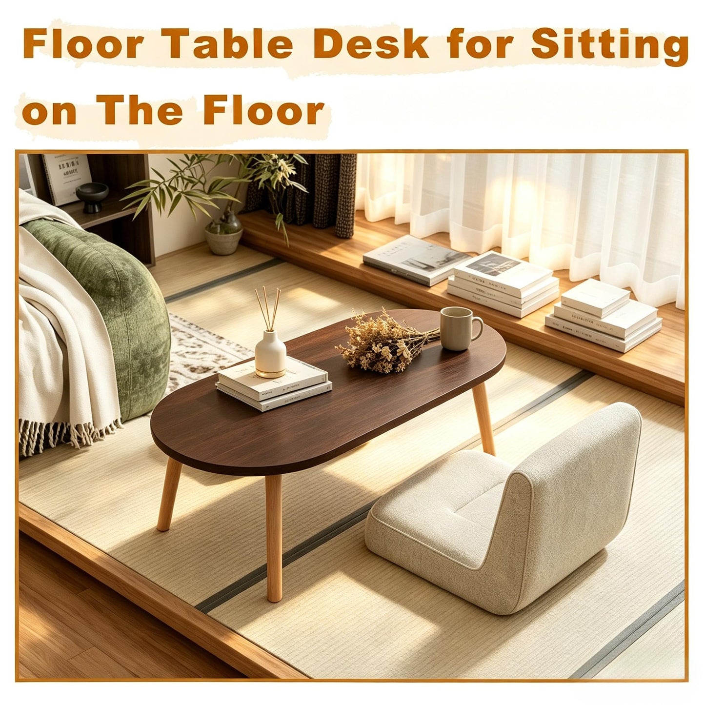 Coffee Table, 31.5" Modern Low Table with Solid Wood Legs, Floor Table Desk for Sitting on The Floor, Easy Assembly Small Space Coffee Table for Living Room, Apartment, Office (Large Oval BlackNut)