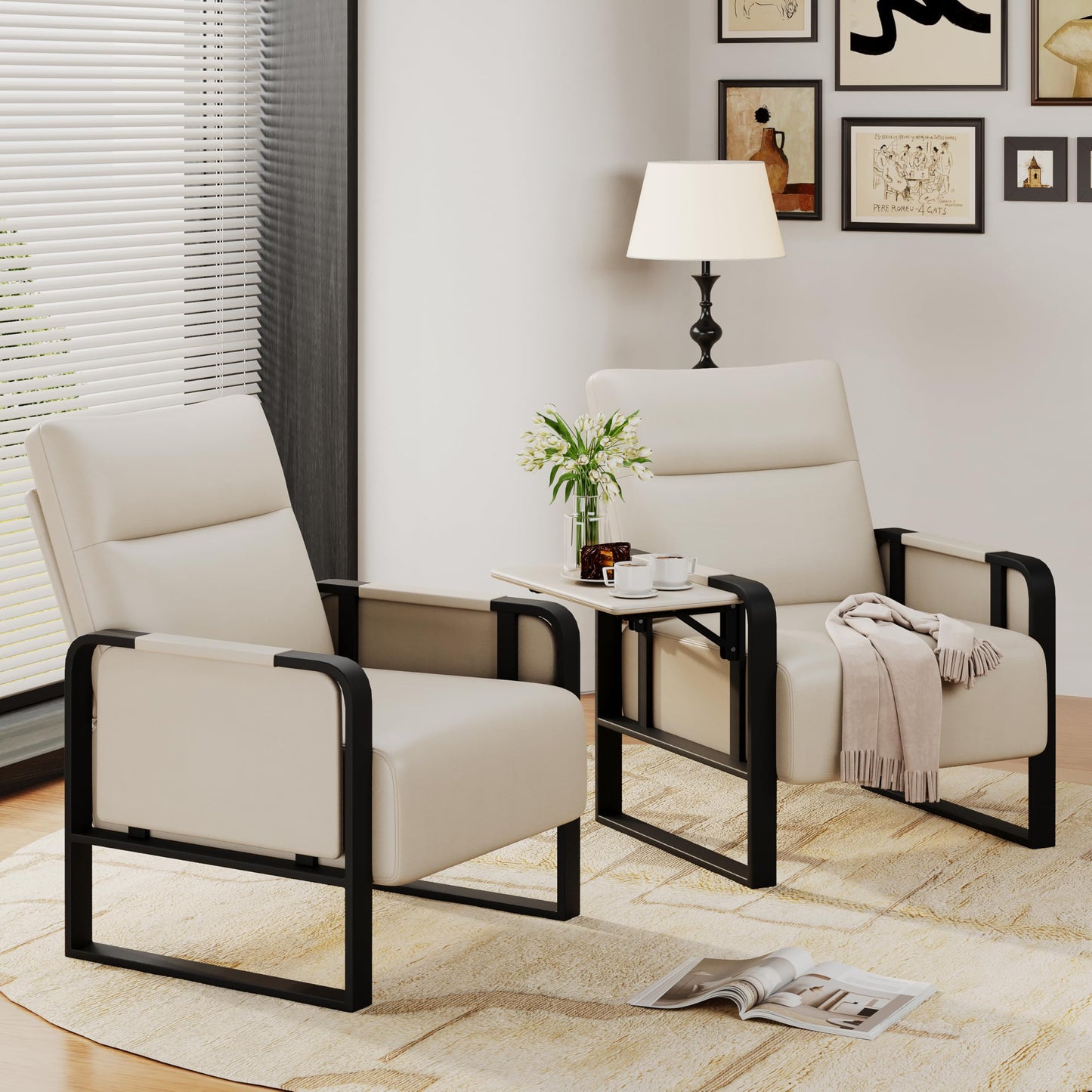 Upholstered Living Room Chair Armchair, Mid Century Faux Leather Metal Accent Chair, Reception Couch Office Guest Chair Slipper Club Lounge Single Sofa with Sidetable for Bedroom-Beige
