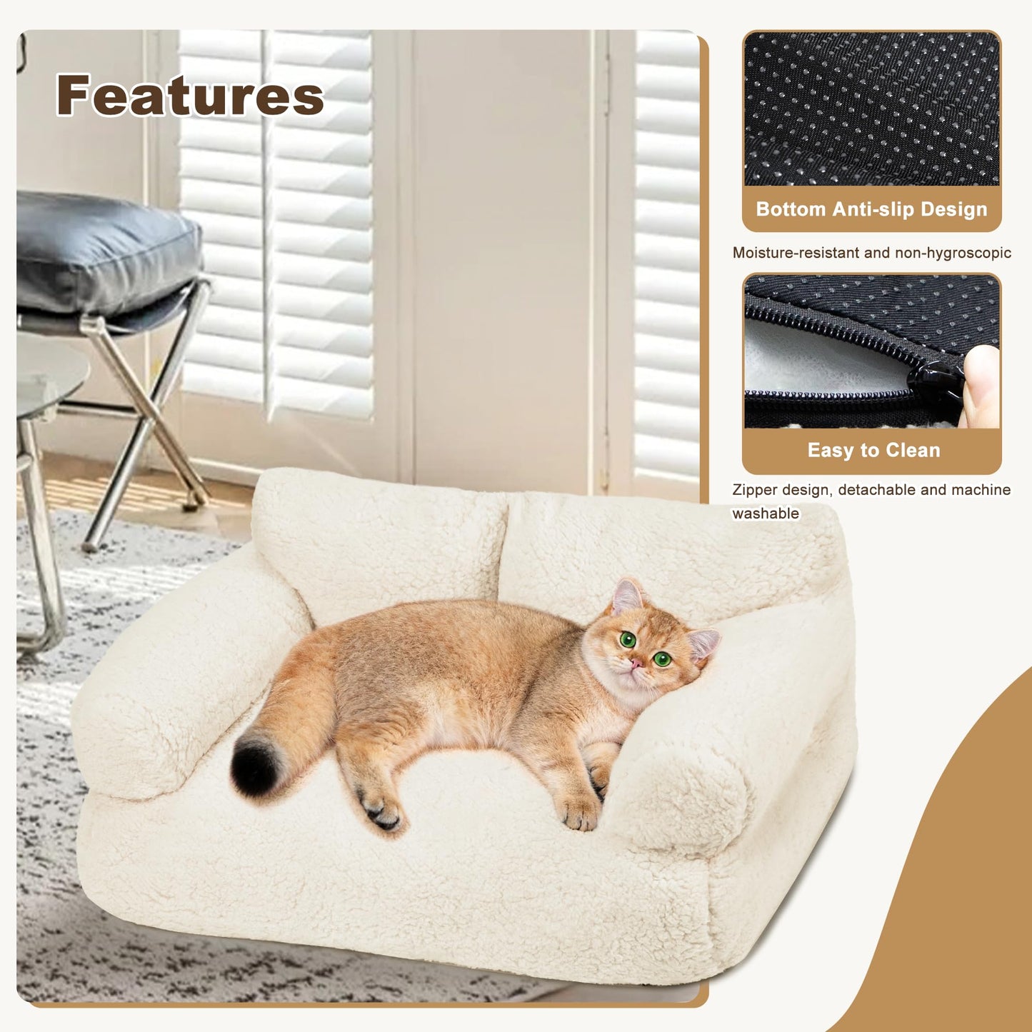 FURMORENE Large Cat Beds for Indoor Cats, Dog Couch Bed, Cute Cat Couch Sofas for Less 20lbs Kitten Puppy, Small Dog Sofas & Chairs with Removable Washable Cover, Soft Warm Pet Furniture, Cream