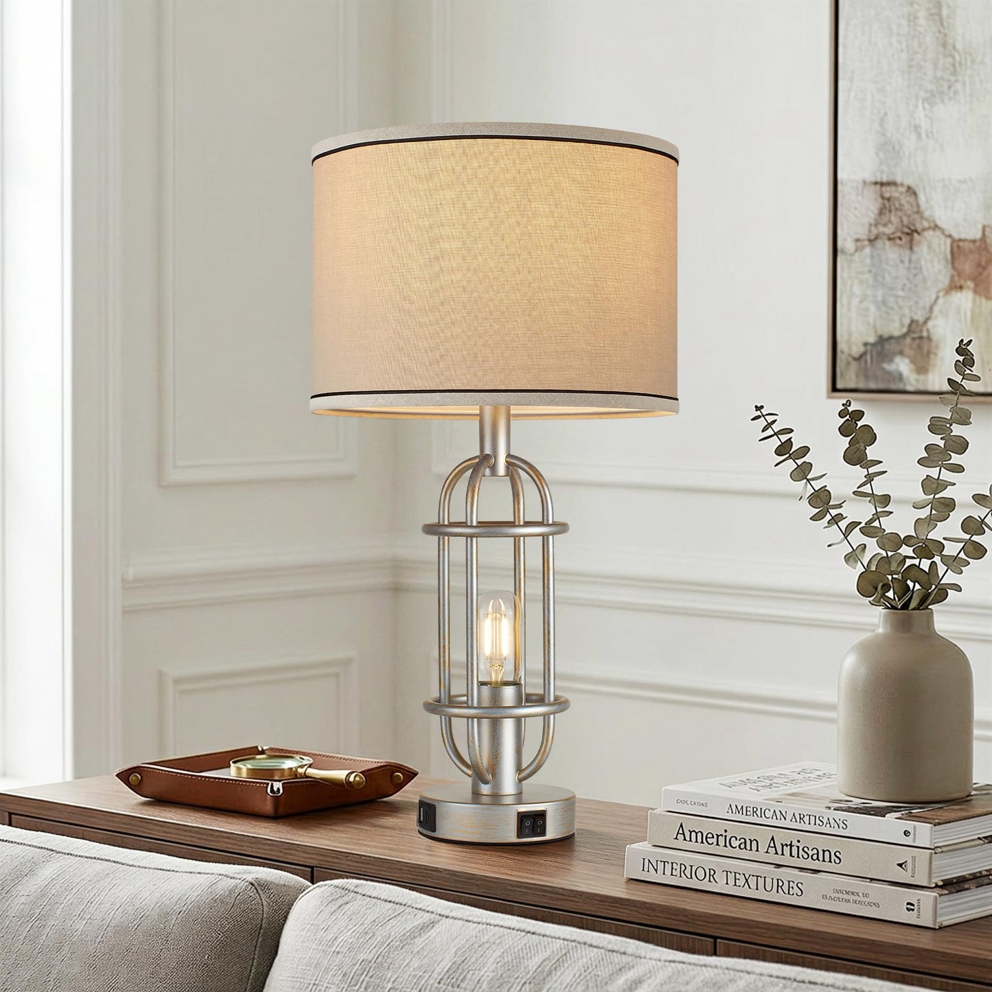 Reaketon Table Lamps for Living Room Set of 2, 22.3" Farmhouse Lamps for Nightstand, Industrial Table Lamps for Bedroom with USB Ports, Bulbs Included