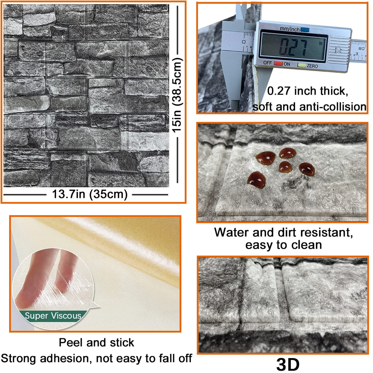 10PCS 3D Wall Panels Peel and Stick 3D Brick Wallpaper Peel and Stick Faux Stone Wall Panel Foam Brick Self-Adhesive Wallpaper (Black,10pcs)