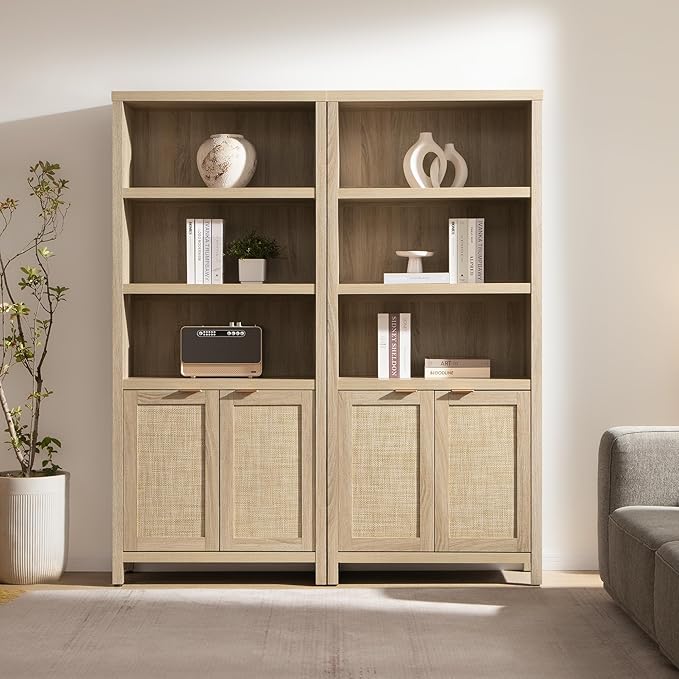 SICOTAS Bookcase 71" Tall Bookshelf 5 Tier Rattan Boho Bookcase