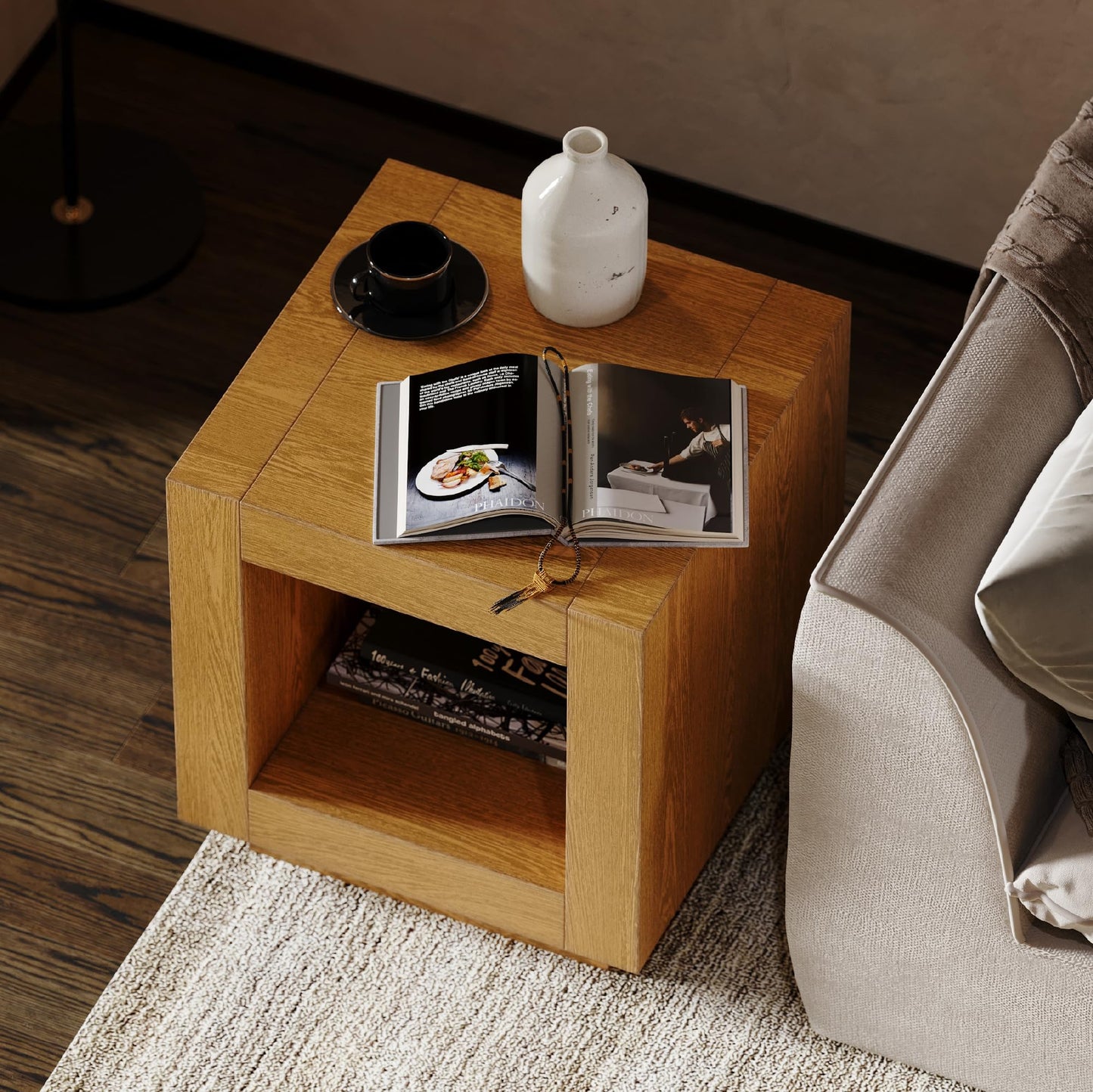 Maven Lane Artemis Side Table – 22 Inch Square Table with Storage – Natural Solid Wood – Ideal for Living Room and Bedroom