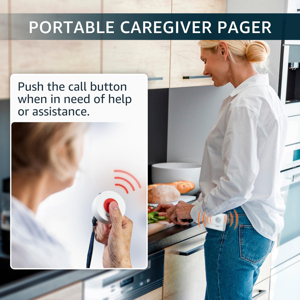 SYNLETT Caregiver Pager Wireless Call Buttons for Elderly Monitoring SOS Alert System Portable Alarm for Nurse Call Seniors Patients Emergency Home