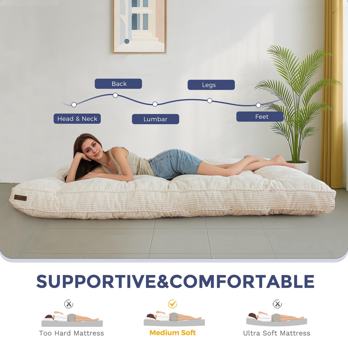 MAXYOYO 6" Futon Mattress Full Size, Tufted Futons Sofa Couch with Twisted Rope Design Edging, Thick Corded Fabric Floor Mattress for Adults, Shredded Foam Filling (Frame Not Included), Beige