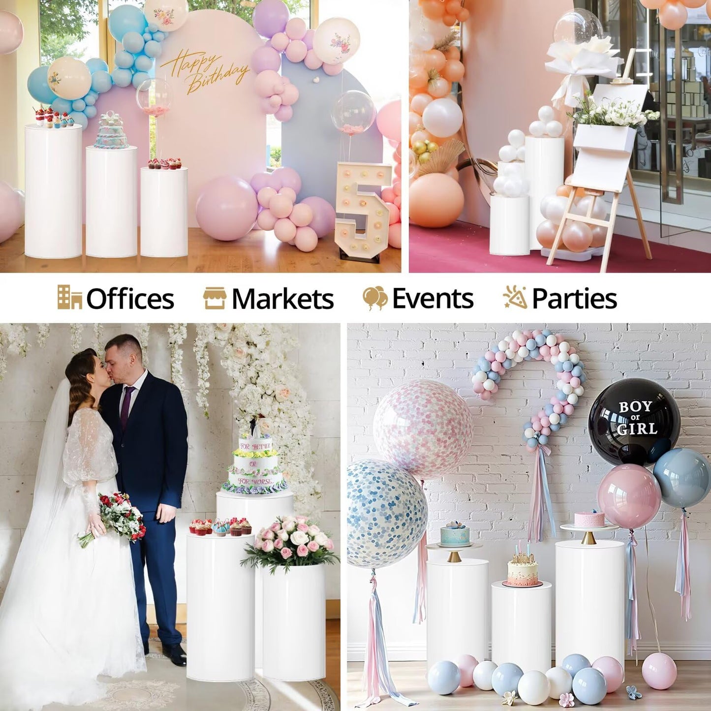 DOOMOOK 3Pcs White Cylinder Pedestal Stands, Thickened PVC Round Pedestal Display Plinth Pillars for Wedding Birthday Babyshower Decoration Art Decor