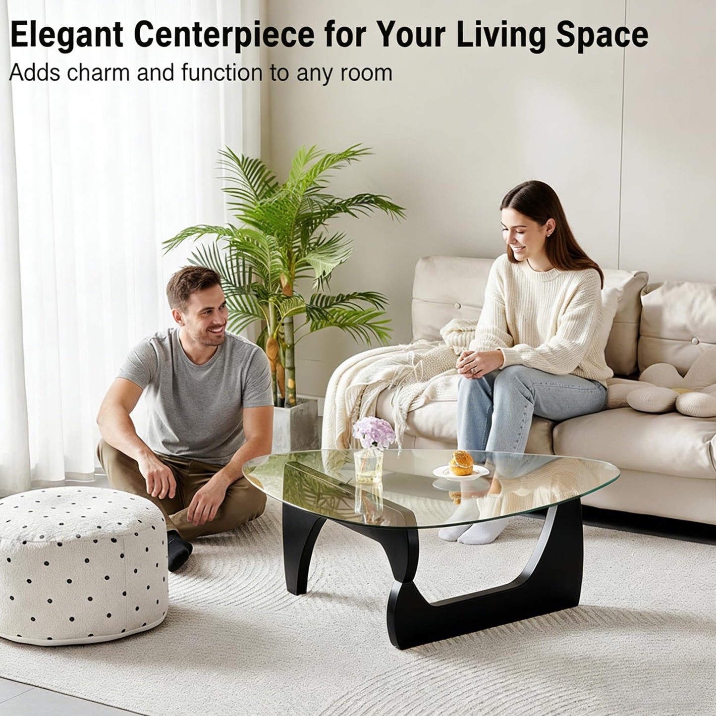 Modern Coffee Table for Living Room, 35.8" Minimalist Black Center Table with Triangle Tempered Glass & Sturdy Solid Legs, Unique Tea Tables, Cheap