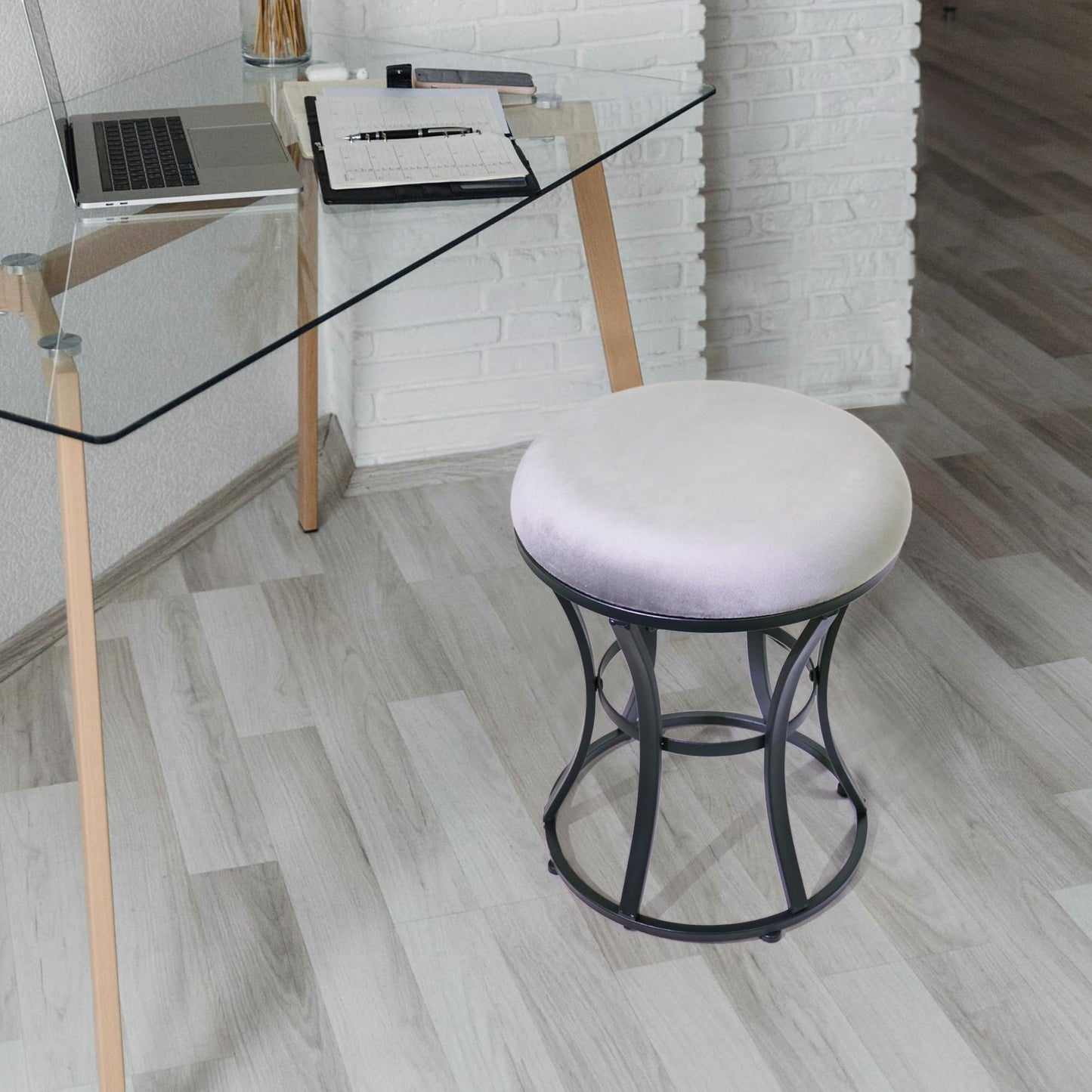 Ellensamqi Vanity Stool Chair, Grey Stools for Makeup Room, Round Ottoman Foot Stool, Velvet Footrest Vanity Chair for Bathroom, Bedroom, Living Room Furniture, Entryway, Offices