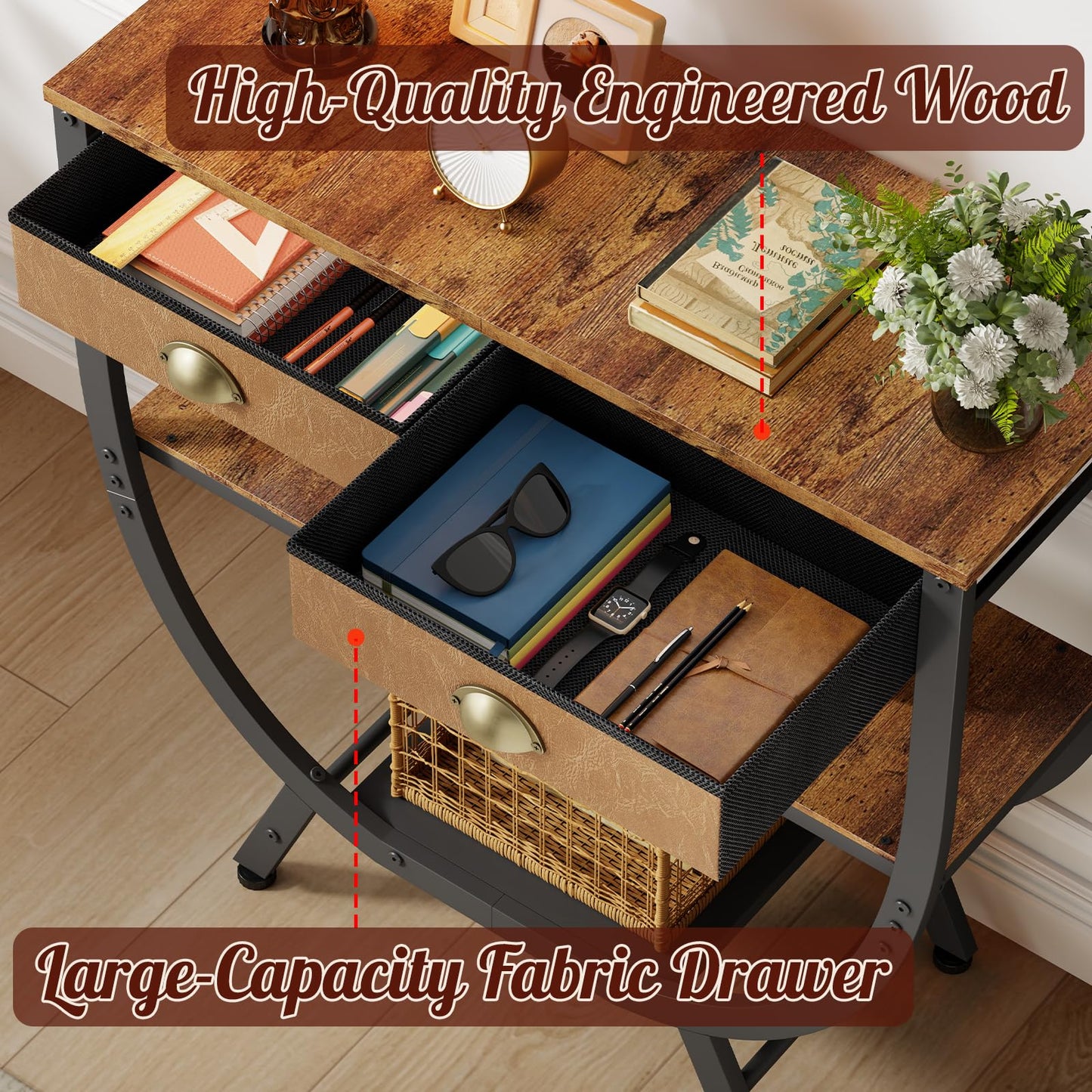 Console Entryway Table with 2 Drawers, 31.5" Height Sofa Table Behind Couch with 3 Tier Storage Shelves，Industrial TV Stand Accent Furniture for Hallway Corner Living Room Bedroom Entry Way Home Decor
