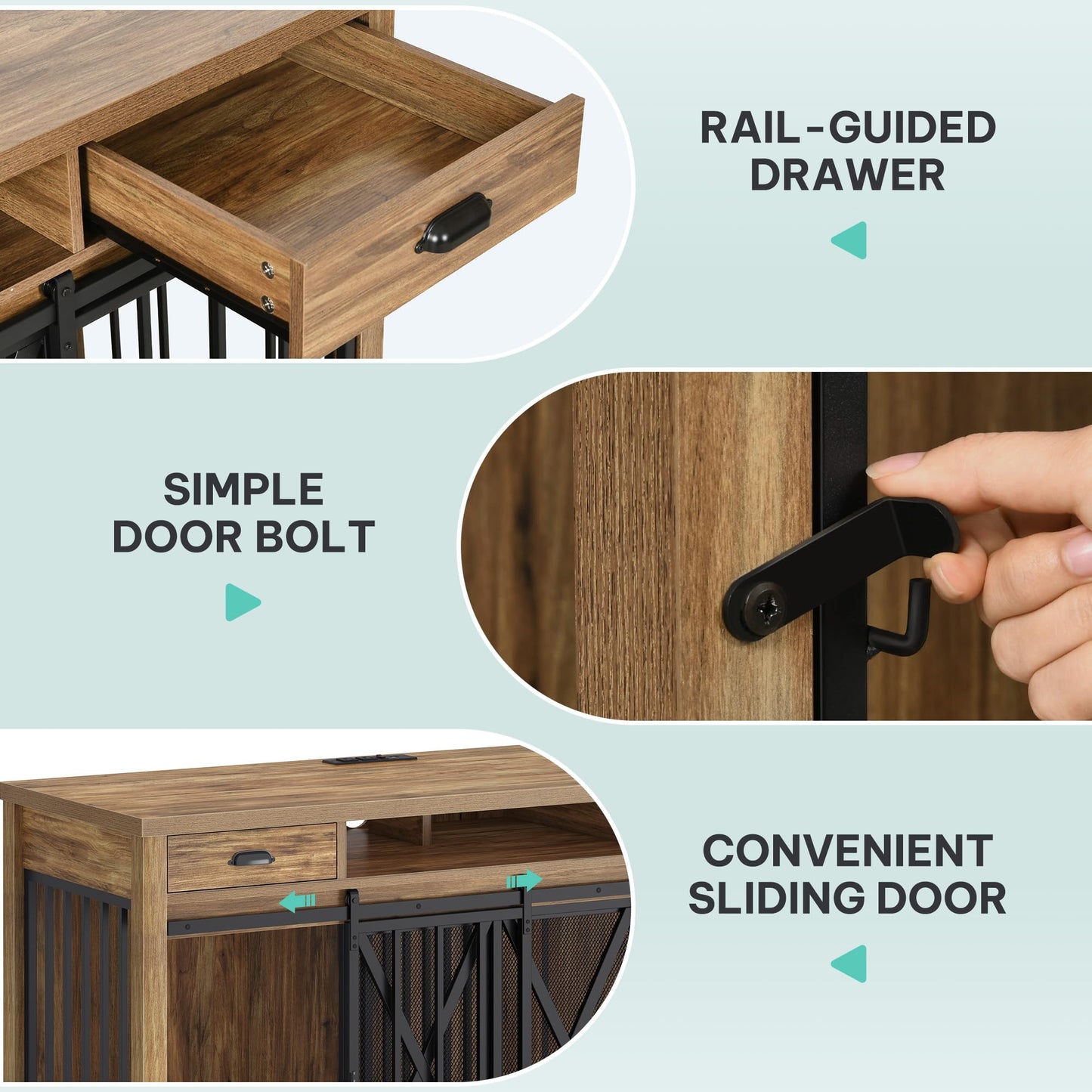 YITAHOME 63 Inch Double Dog Crate TV Stand with Charging Station, Heavy Duty Wooden Cage Furniture for 2 Dogs, Dog Kennel Indoor Furniture Double Sliding Barn Door Design Ideal for 2 Dogs, Oak