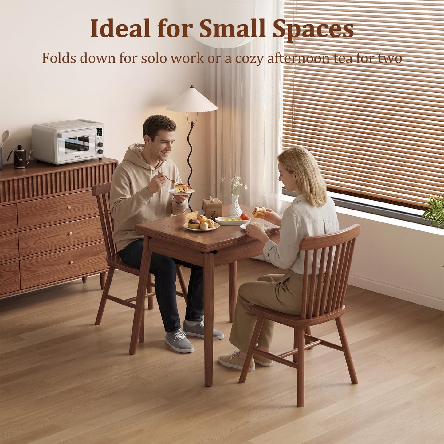 DONGMUWUJEE Solid Wood Small Dining Table for 2-6, 23.6"L-47.2"L Expandable Kitchen Table, Designed for Small Spaces, Easy Assembly, Suitable for Kitchen, Dining Room, Living Room, Apartment (Walnut)