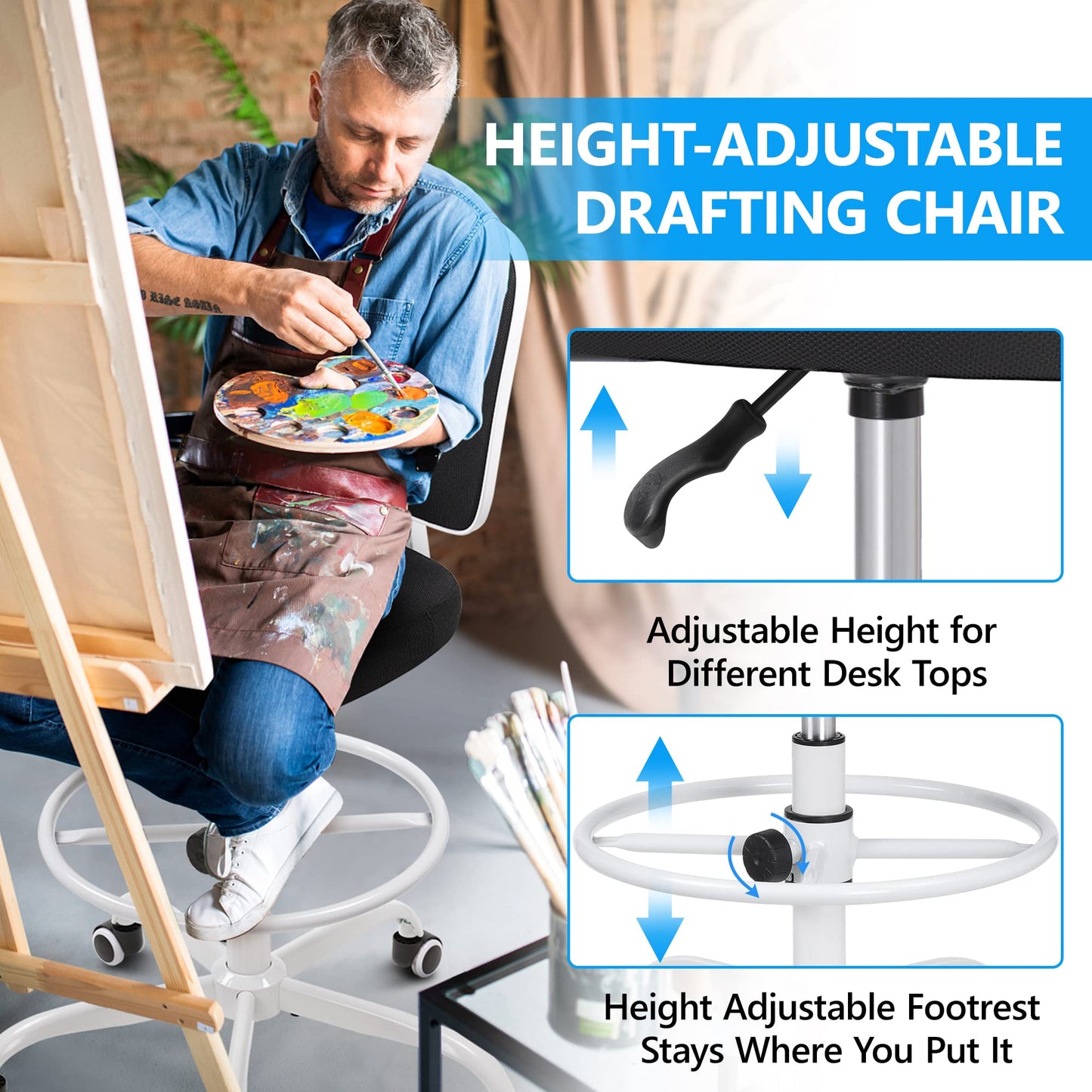Primy Armless Mid-Back Ergonomic Standing Desk Chair - Mesh Rolling Tall Chair, Adjustable Height and Footring, Art Room, Office or Home (White)