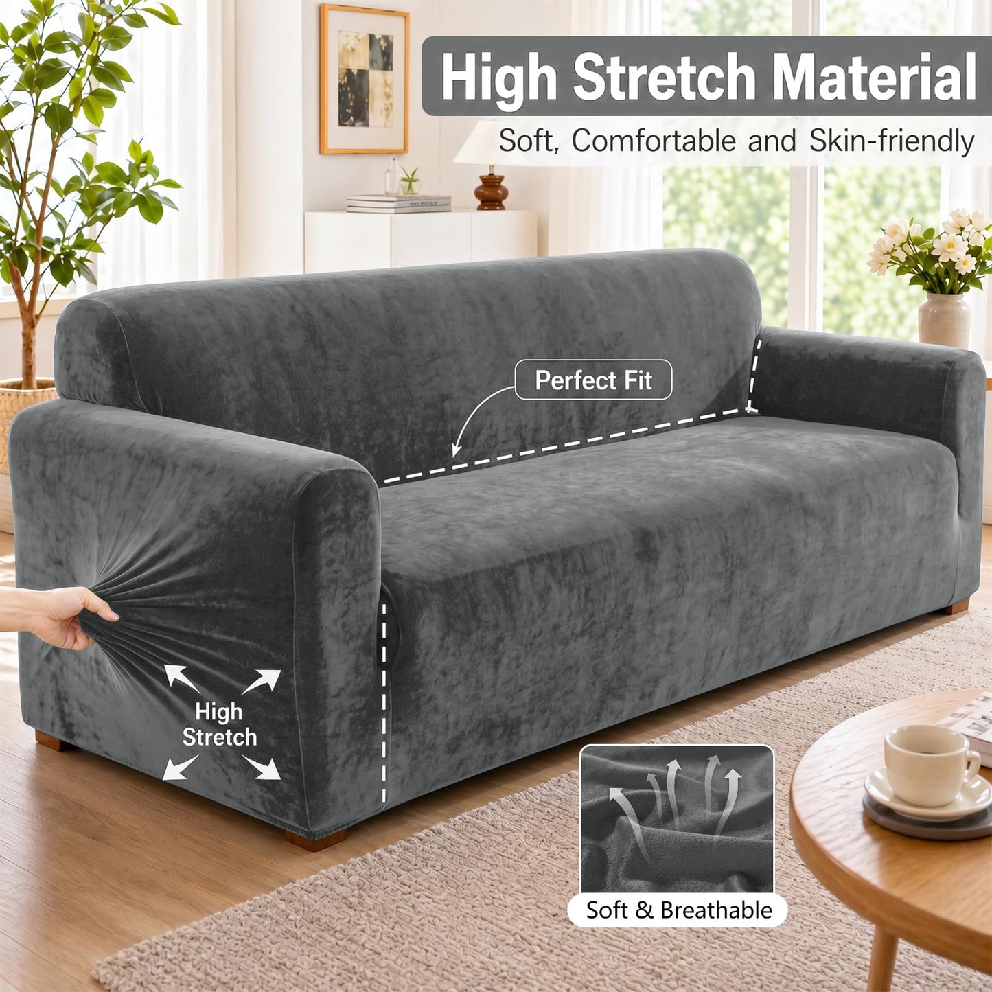 YEMYHOM Real Velvet Couch Covers for 2 Cushion Couch High Stretch 1 Piece Loveseat Slipcover for Pets Dogs Anti Slip Love Seat Sofa Slipcover Furniture Protector (55"-69", Gray)
