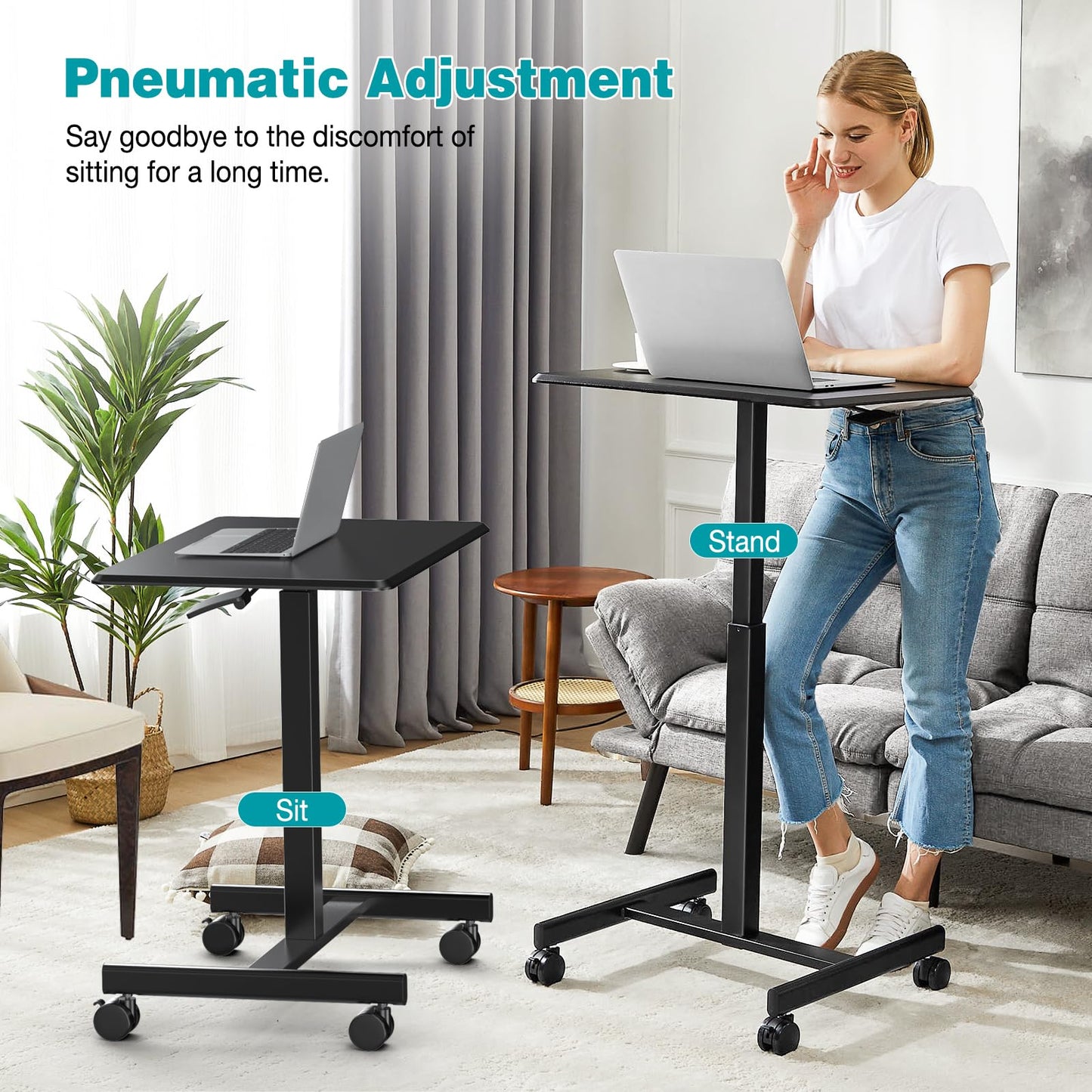 DUMOS Small Rolling Desk Mobile Standing Portable Laptop PC Table with Wheels Adjustable Height Computer Workstation for Home Office, Compact Small Space, Easy Assembly, Modern Black