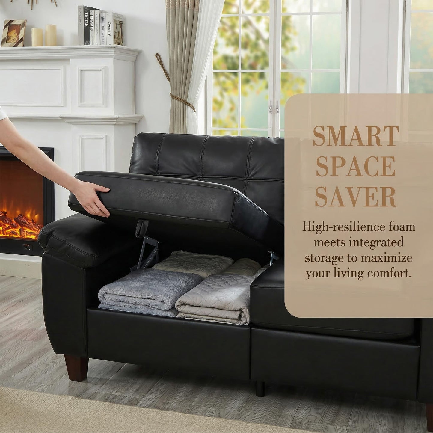 KEIKI 138" Modern PU Leather Living Room Sofa with Storage, Sofa Set with Loveseat and Three Seat Couch, Wide Armrest Tufted Cushion Comfortable Spring Seating for Living Room Apartment Lounge, Brown