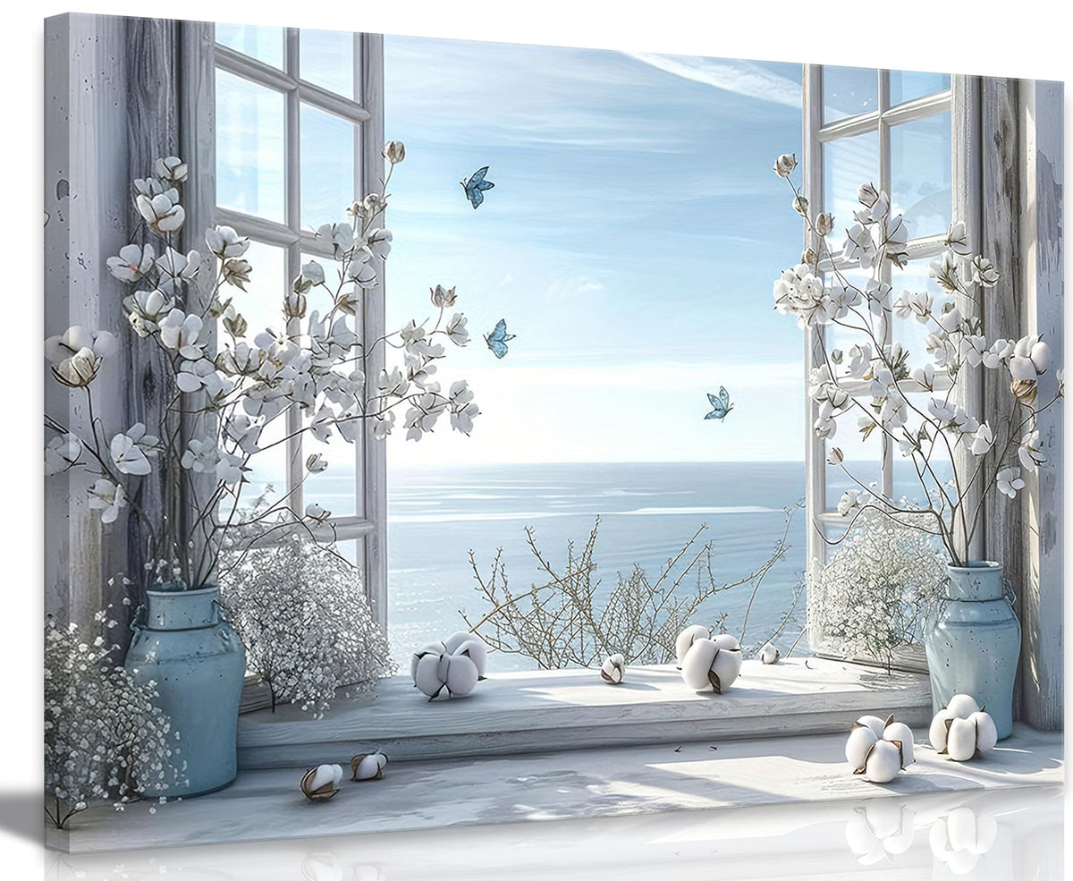 Coastal Flower Bathroom Canvas Wall Art Farmhouse Cotton Bouquet and Butterfly Bathroom on Window Wall Decor Rustic Blue Beach Butterfly Poster Print for Living Room Bedroom Restroom Home Decoration