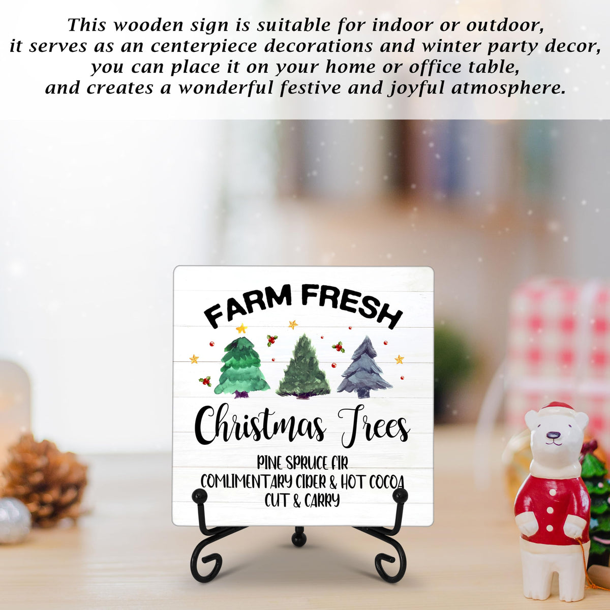 Cazhes Farmhouse Christmas Decor, Christmas Tree Sign Decorations for Home Bedroom, 5x5 Inches Wooden Xmas Decor with Iron Stand, Birthday New Year Gifts for Women-G04