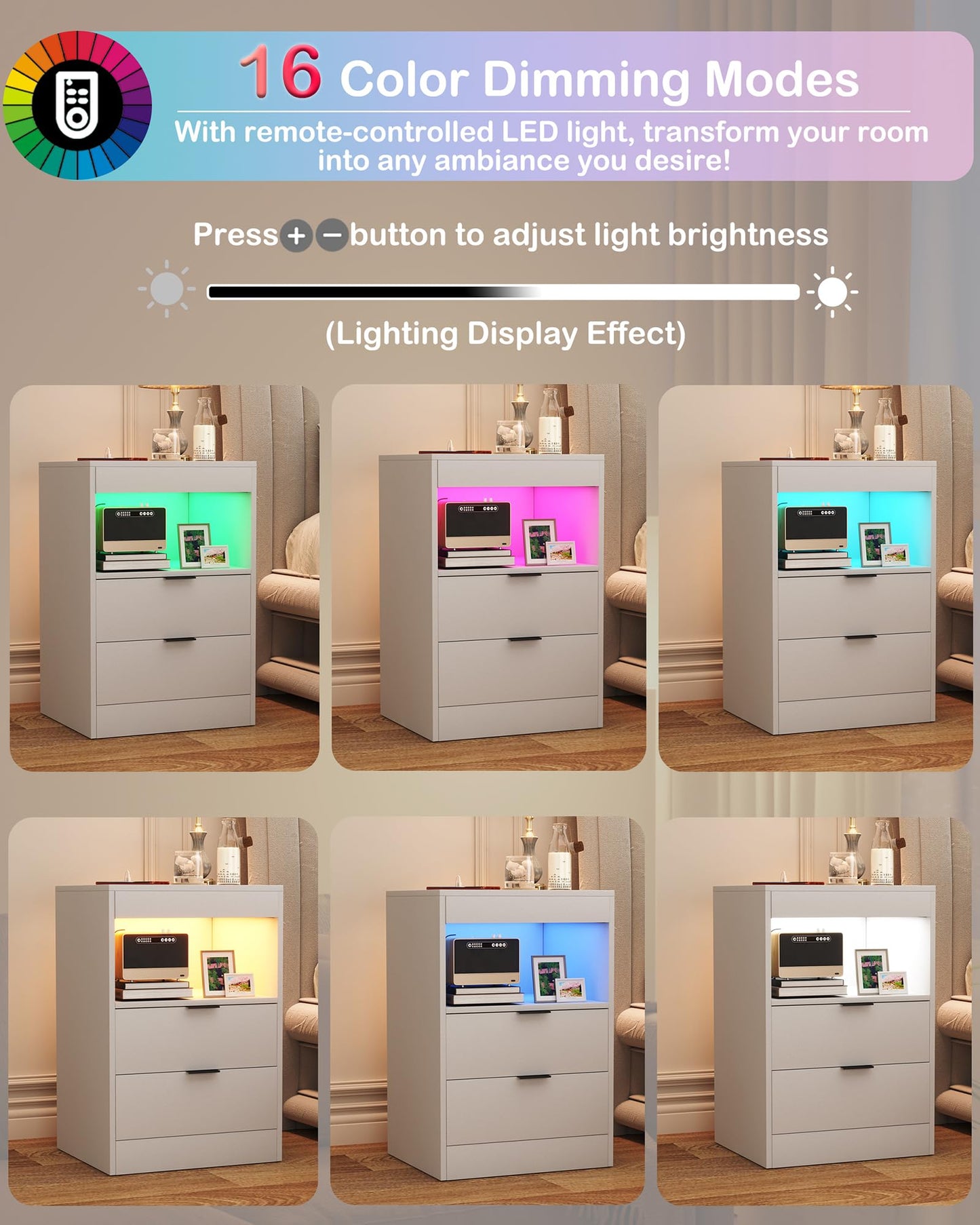 Yusong Night Stand, Bedside Table, LED Nightstand with Charging Station, Modern Night Stand, Wood Sofa Couch End Side Table with 2 Pull-Out Shelf (White 001)