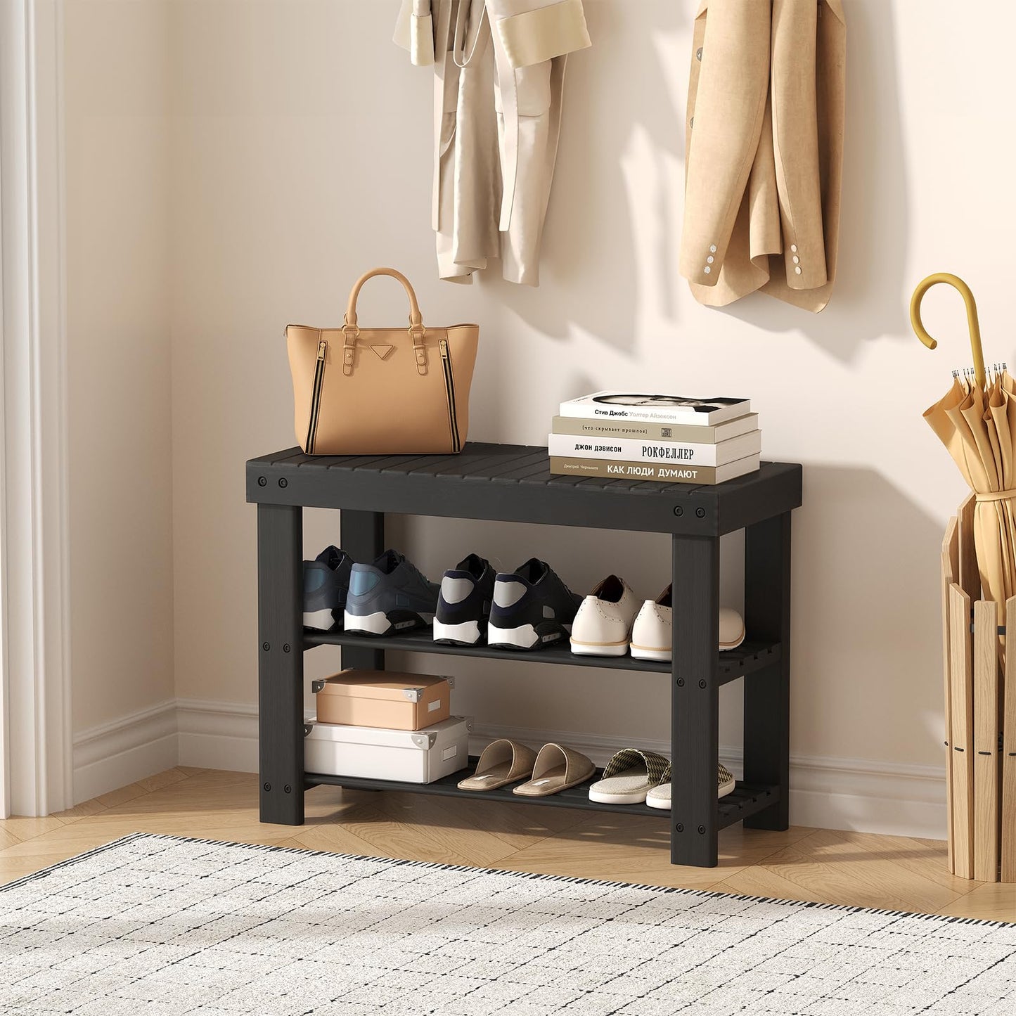 Sweetcrispy 3-Tier Shoe Rack Bench for Entryway, 286lb Capacity, Black