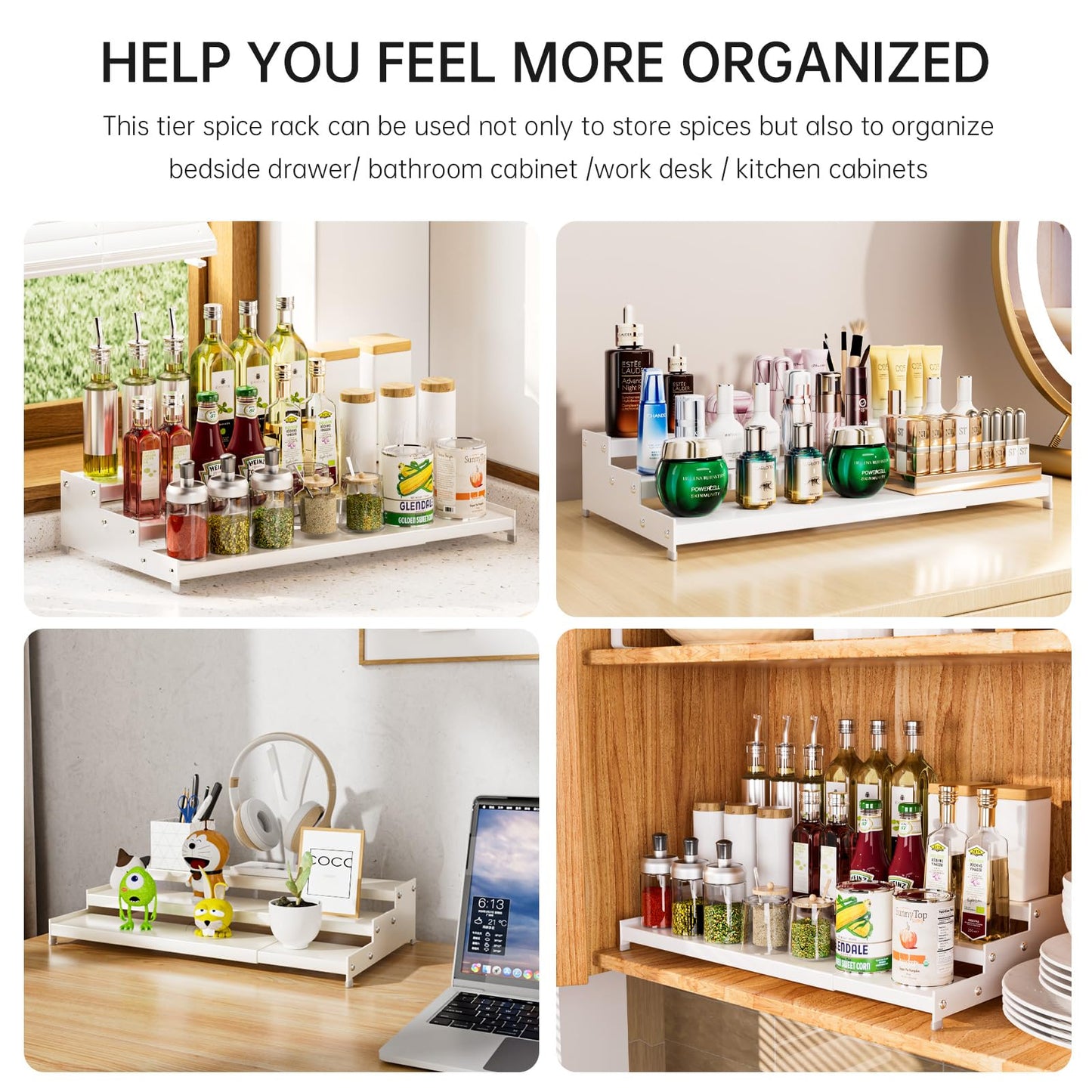 Expandable Carbon Steel Spice Rack Organizer for Pantry, Adjustable 3-Tier Ladder Shelf,Holds Up to 24 Cans,Kitchen Countertop Organizer, Rustproof Storage Rack for Spices, Cans, Sauces & Dry Goods