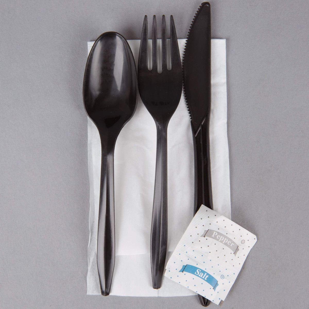 100 Plastic Cutlery Packets - Knife Fork Spoon Napkin Salt Pepper Sets | Black Silverware Sets Individually Wrapped Cutlery Kits, Bulk Plastic Utensil Cutlery Set Disposable To Go Silverware