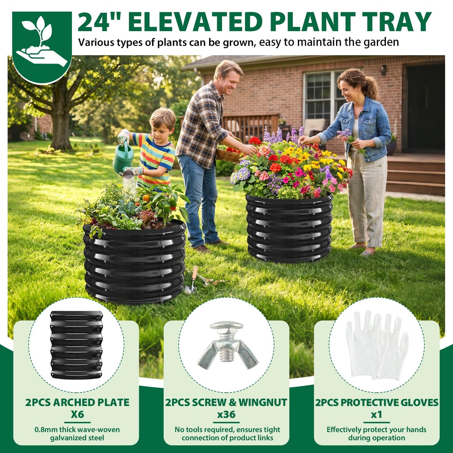 VAMFUTRE 24" Diameter Round Raised Garden Bed - 17 Inch Tall, Heavy-Duty Galvanized Steel Planter Box with Wave-Shaped Panels for Vegetables, Herbs & Flowers (2, Black, 24 Inch Diameter)