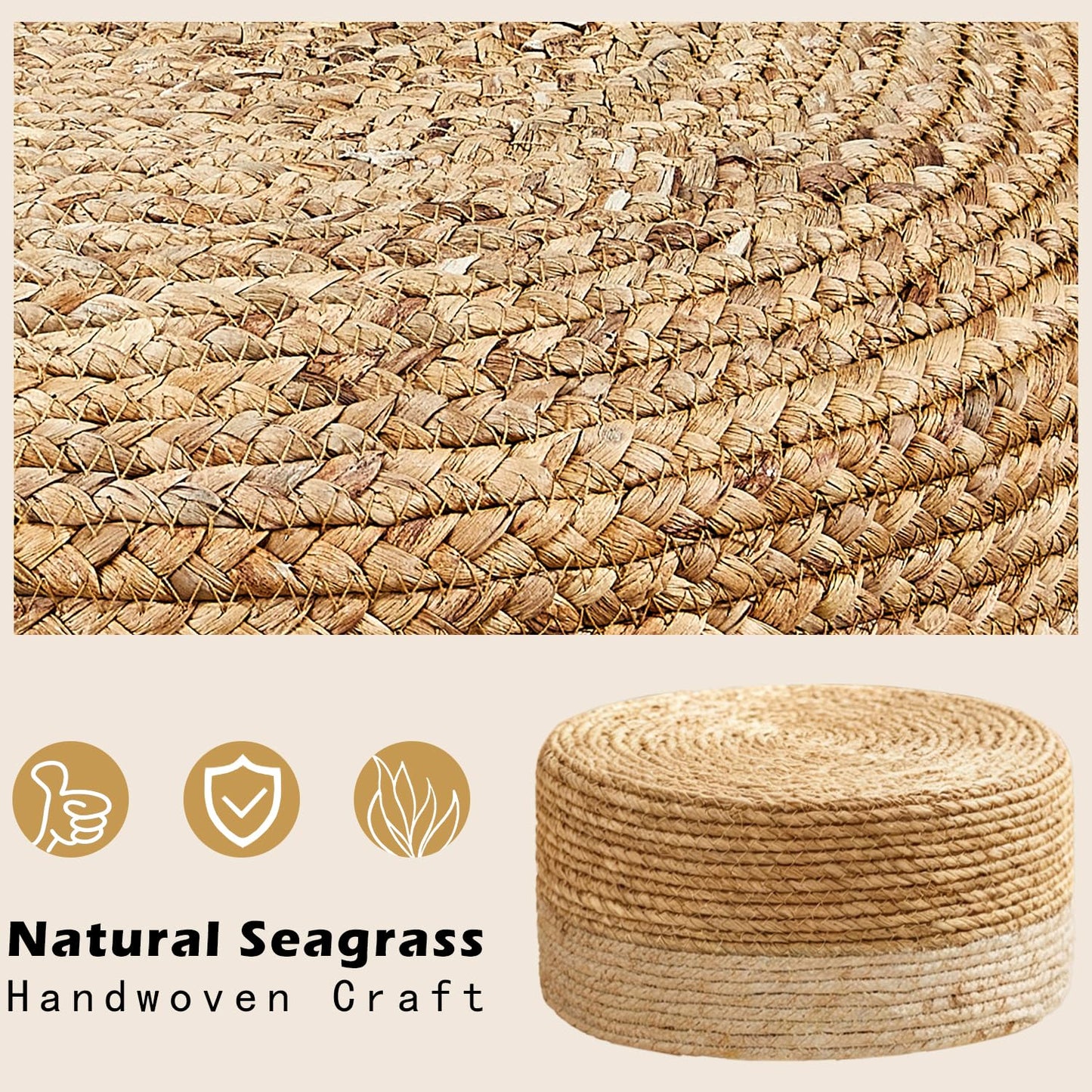 Wimarsbon Round Foot Stool Natural Seagrass Poufs Ottoman Hand Weave Footrest Stool for Couch Desk Extra Seat Step Stool with Solid Wood Legs for Hallway Patio Lounge White