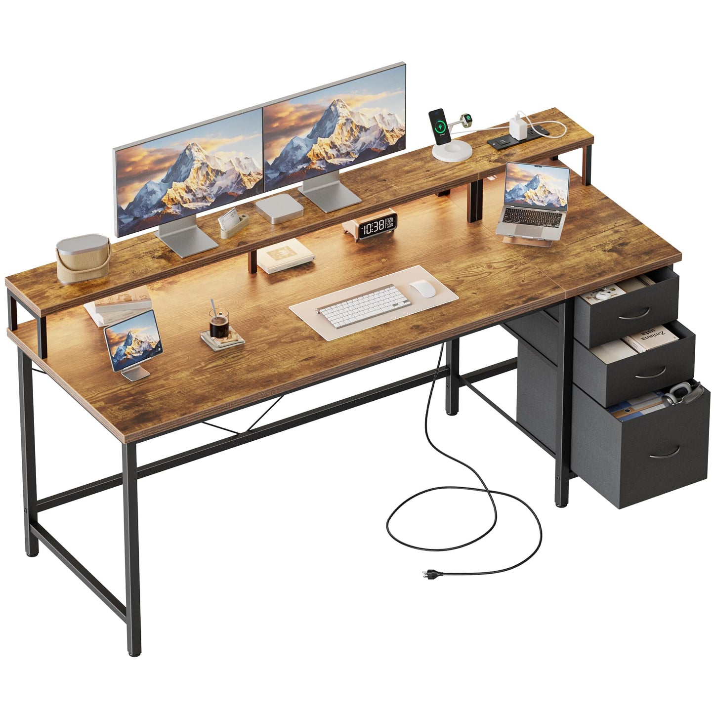Mericonia 63 inch Computer Desk with Storage Drawers & Monitor Stand, Reversible Gaming Desk with LED Lights & Power Outlets, Large Gaming Table for Home Office