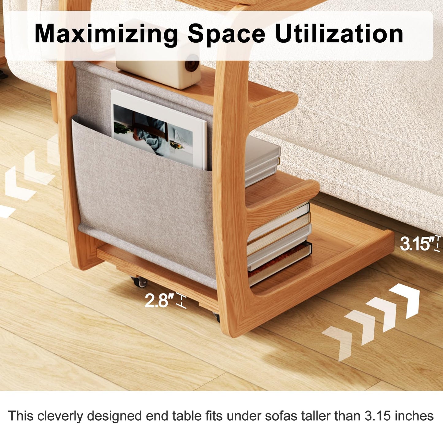 AQIMUELE Rolling Side Table, C Shaped End Table, C Table with 4 Wheels Solid Wood Small Rolling Desk with Adjustable Desktop,C Shaped End Table for Couch,Home Office(15.6" D x 23.6" W x 24.3" H)