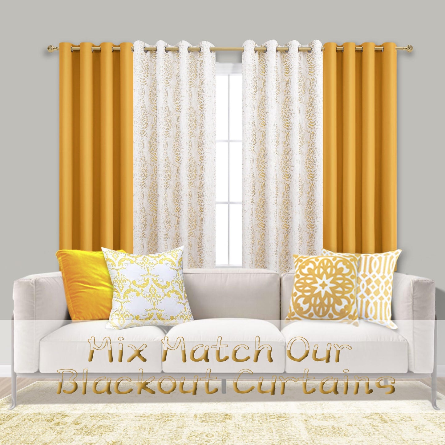 Mrs.Naturall 108 Inch 9FT Farmhouse Room Darkening Curtains, Damask Jacquard Luxury Grommet Drapes for Living Room Bedroom, 2 Panels Set, 9 FT Length 52'' L x 108'' W, Gold Yellow