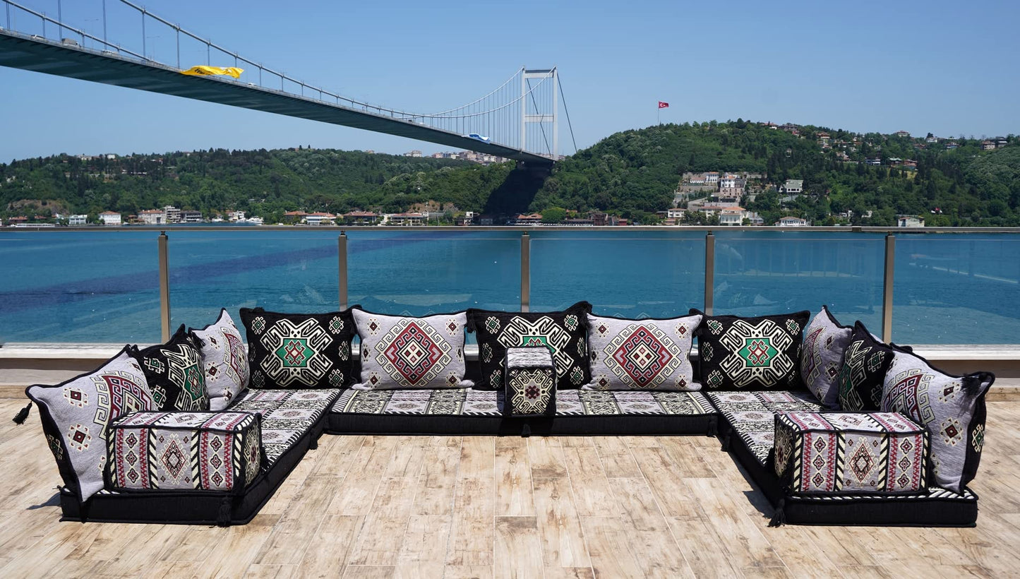 arabicsofa Handmade Gray U Shaped Arabic Sofa Set – Traditional Floor Seating – Oriental Boho Style Cushions