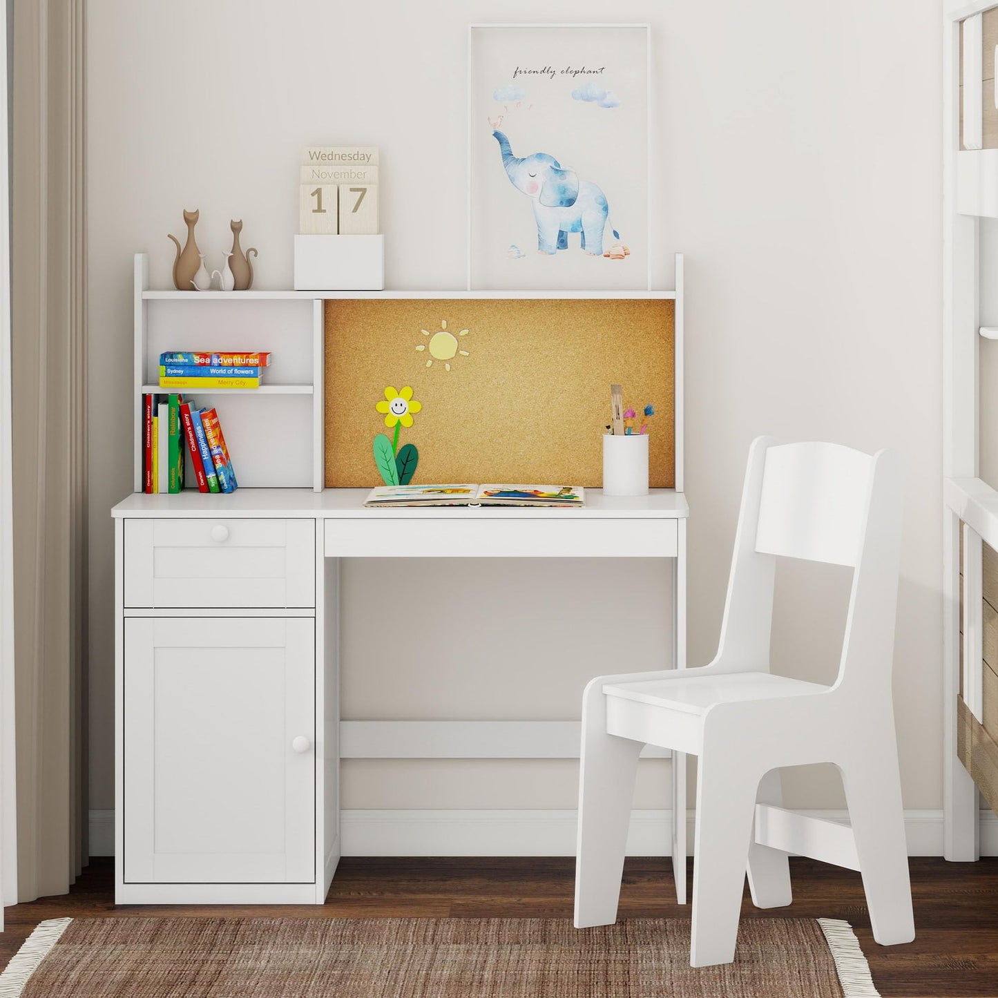 Kids Study Desk with Chair, Kids Desk Chair Set for 5-12 Years Old, Children Wooden Study Table with Hutch & Storage Cabinet, Student Writing Table Computer Workstation for Girls and Boys, White