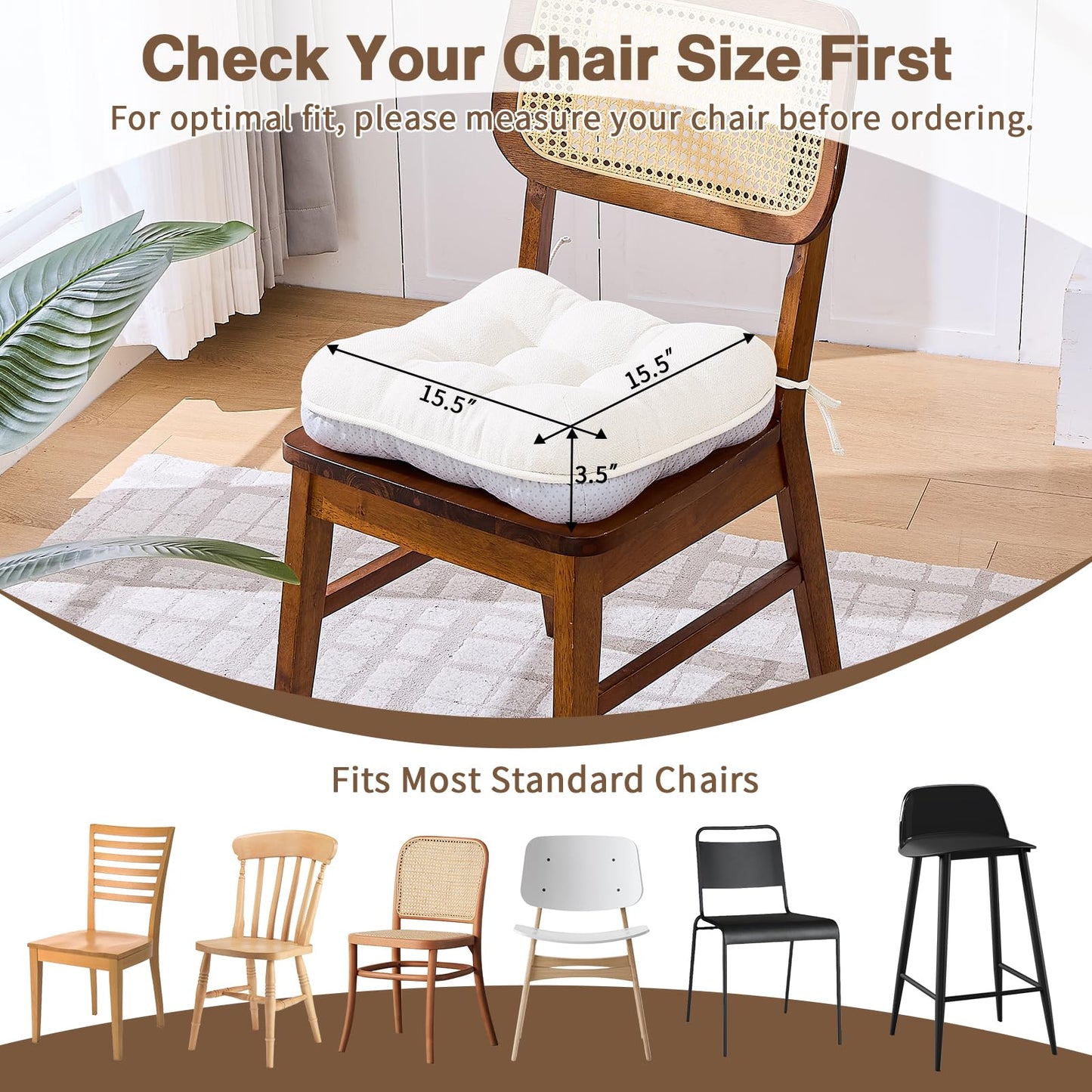 BETU White Chair Cushions for Dining Chairs Set of 4,3.5" Thick Kitchen Table Chair Pads with Ties,Non Slip Backing and Covers, Seat Cushion for Dining Room,Bar,Patio Chairs,15.5"X15.5"X3.5",White