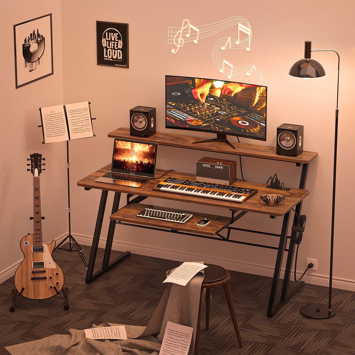 Armocity Music Studio Desk Production Workstation - 47" Recording Studio Desks for Producer with Power Outlet, Studio Workstation for Music Recording, Home Studio Table Desk, Rustic Brown
