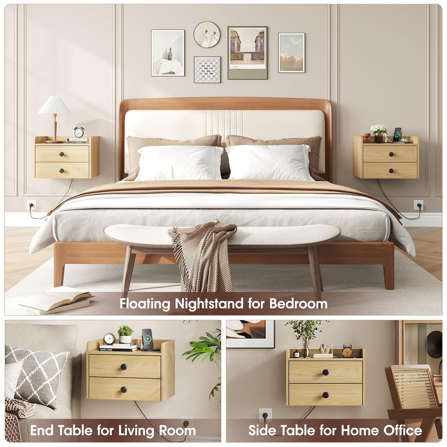 Floating Nightstand Set of 2 with 2 Storage Drawers and Charging Station Wood Wall Mounted Bedside End Table Modern Night Stands Set 2 for Bedroom,Small Space,Natural