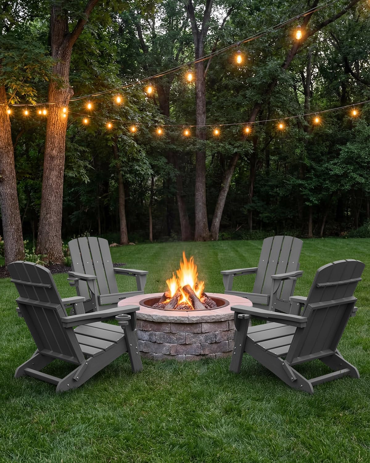 SUUNYN Folding Adirondack Chair, HDPE Adirondack Chairs with 2 Cup Holder, Plastic All-Weather Fire Pit Chairs, Outdoor Lawn Chair for Patio Garden (Grey)
