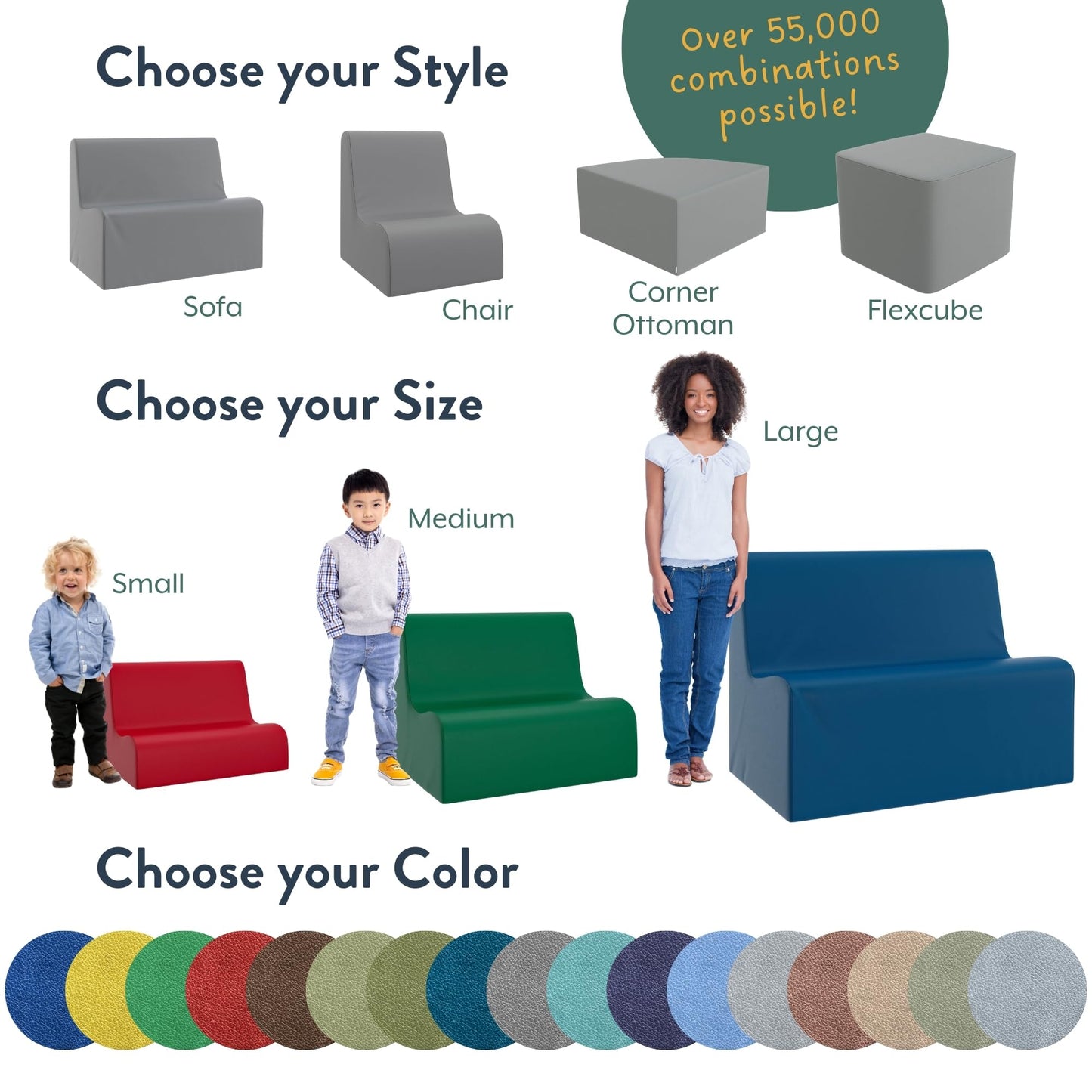 Children's Factory Small Contour Sofa, Mix-and-Match Kids Chairs, Sofas, Corner Ottomans and Cubes, Foam-Filled and Water-Resistant, Flexible Seating for Classroom Elementary, Green Kids Couch