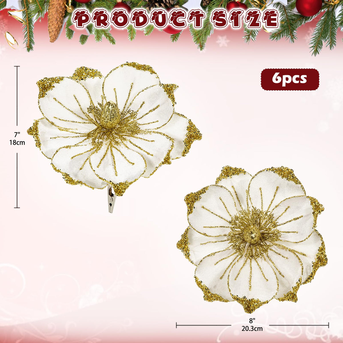Briful 8in Magnolias Christmas Flowers Glittering Magnolia Flowers Artificial 6Pcs Cream Gold Magnolia Stems for Christmas Tree Decorations, Wreaths, Garland Real Touch Magnolia Xmas Picks