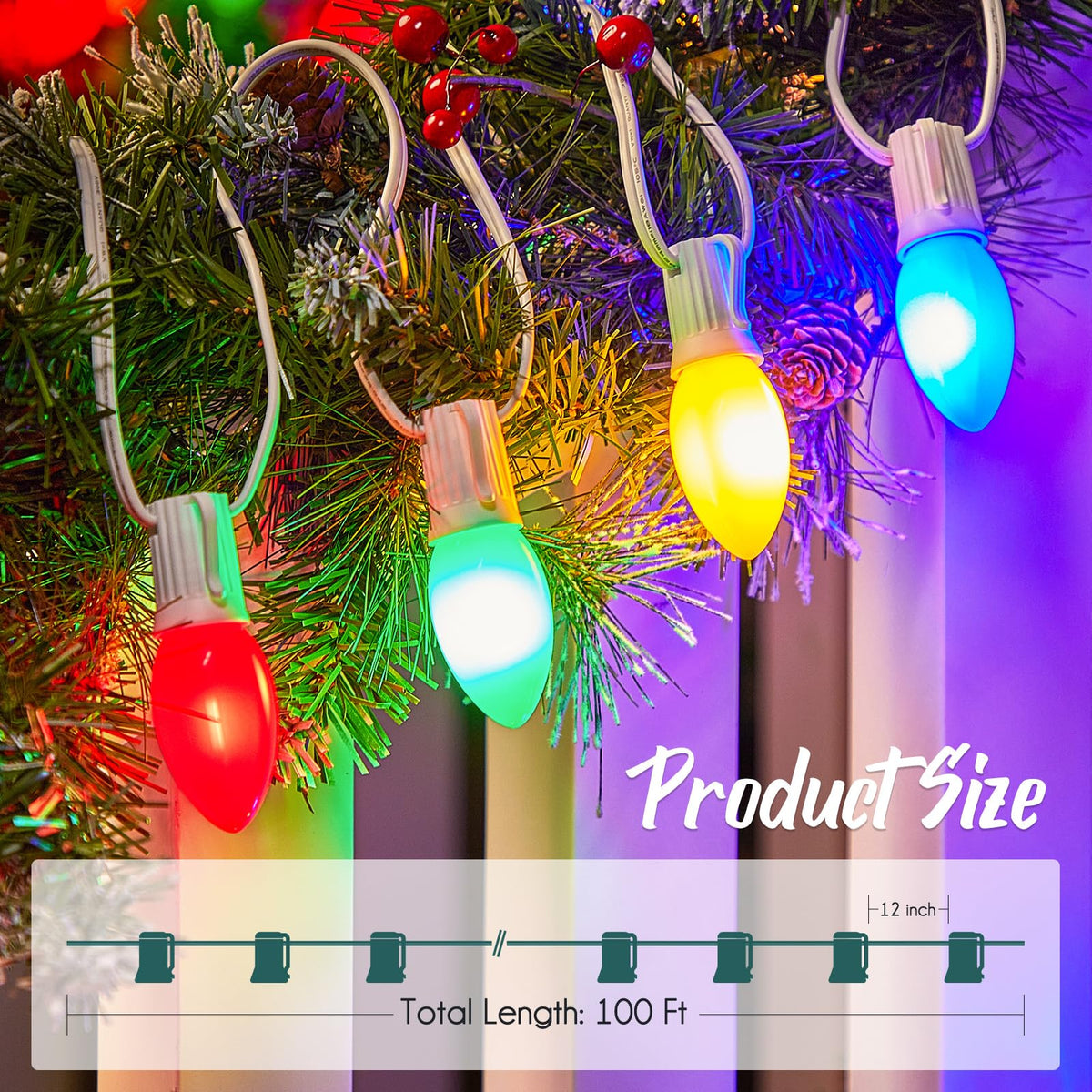 Brightown C9 Light Strand 100 FT for E17-12 Spacing, Outdoor String Light Christmas Stringer with 100 Sockets for Patio (White)